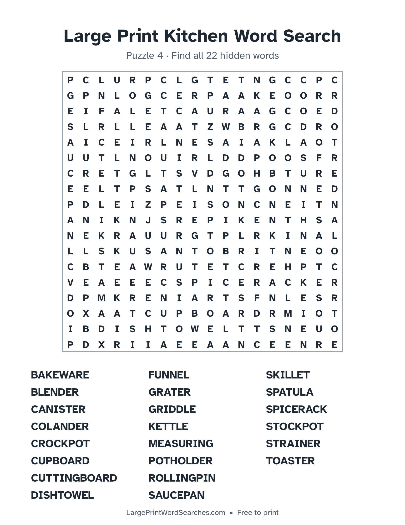 Large Print Kitchen Word Search puzzle 4: a 18 by 18 letter grid with 22 hidden words in large print