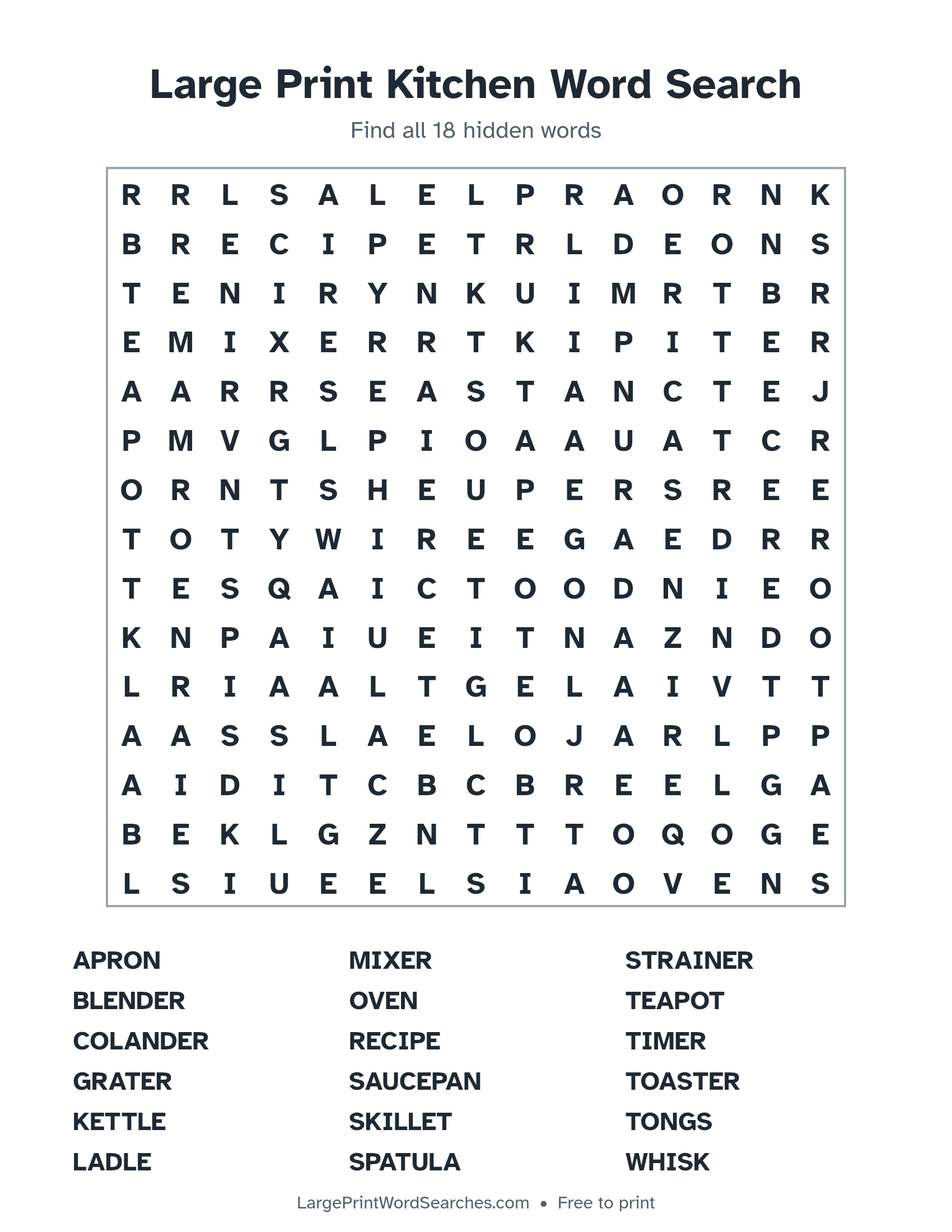 Large Print Kitchen Word Search puzzle 1: a 15 by 15 letter grid with 18 hidden words in large print