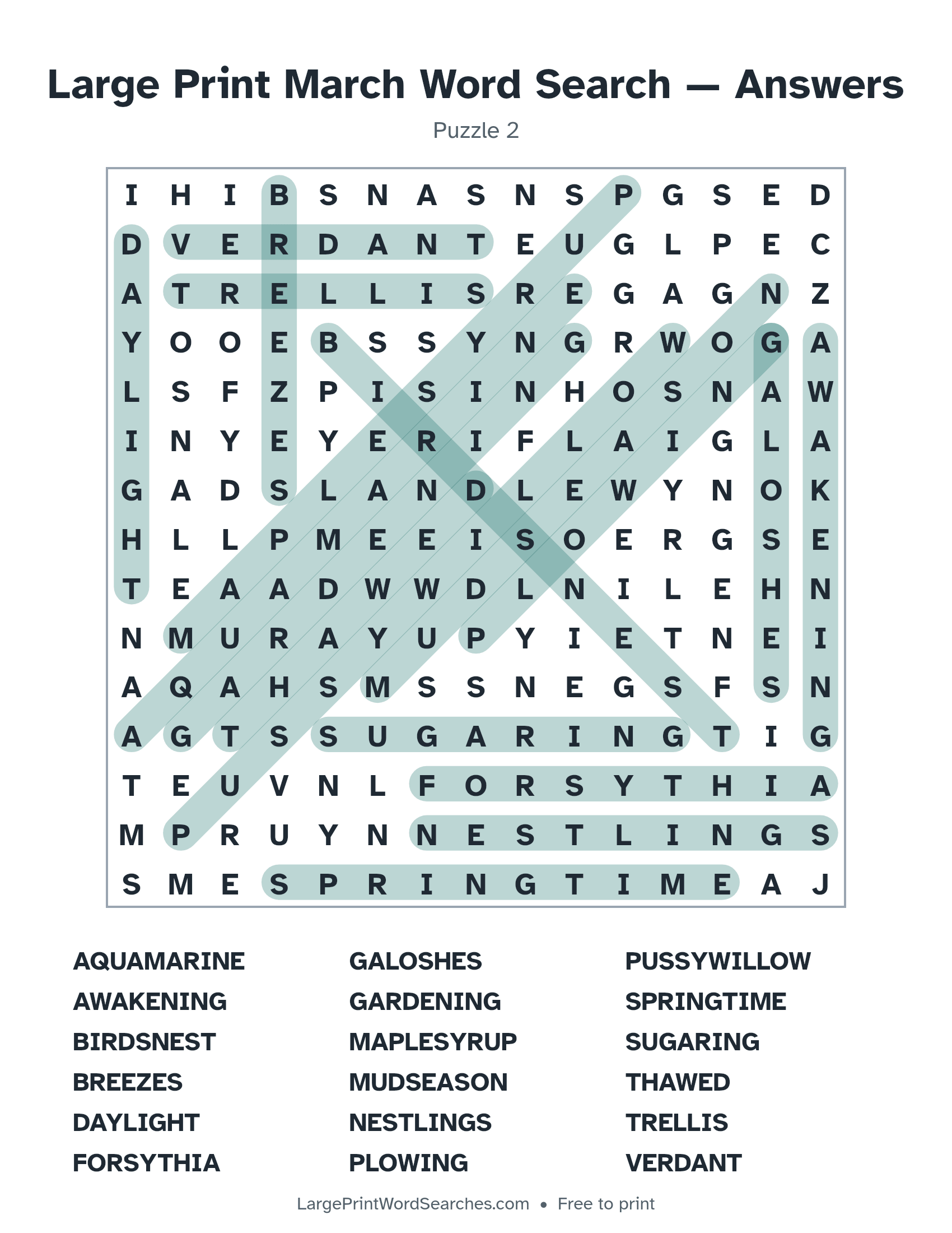 Answer key for large print march word search puzzle 2 with every hidden word highlighted