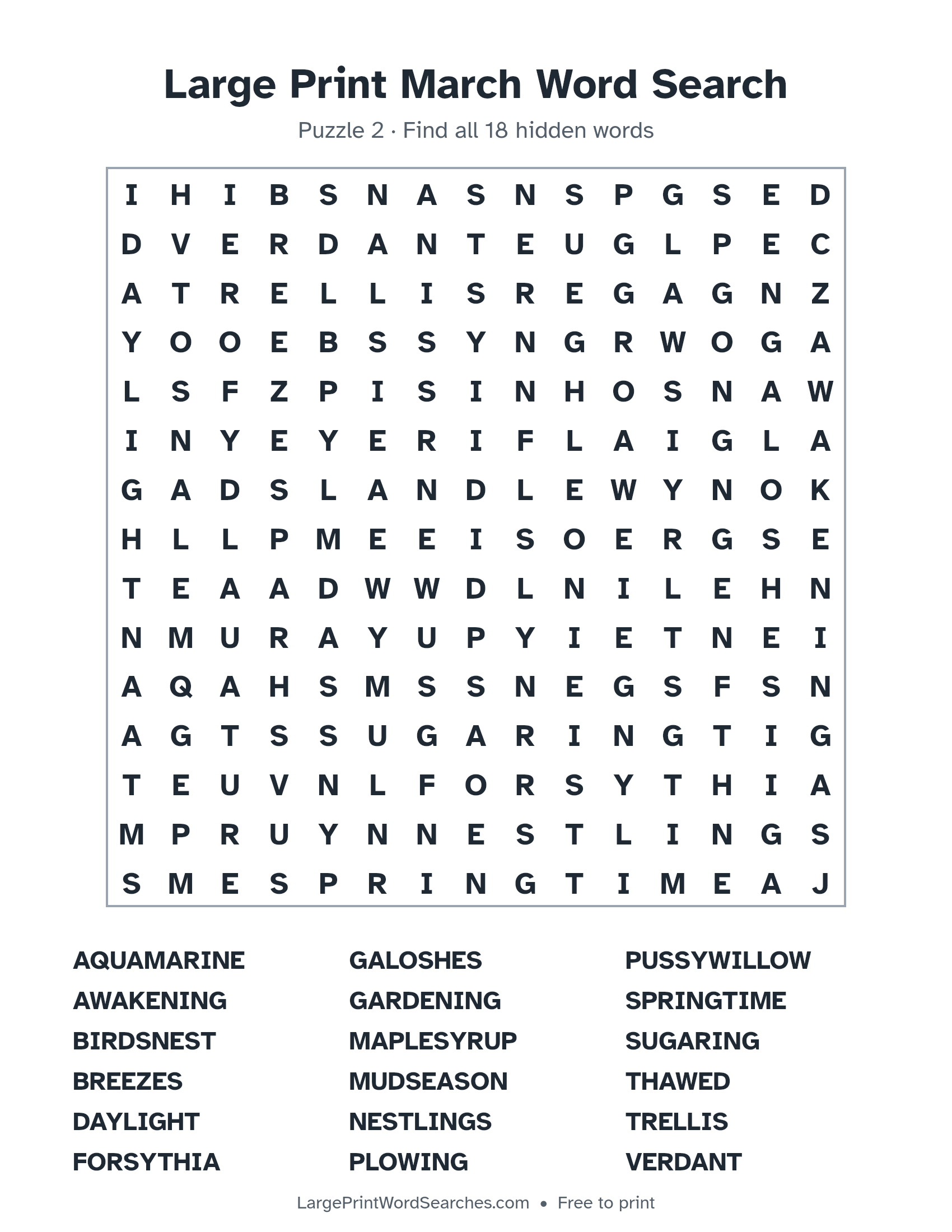 Large Print March Word Search puzzle 2: a 15 by 15 letter grid with 18 hidden words in large print
