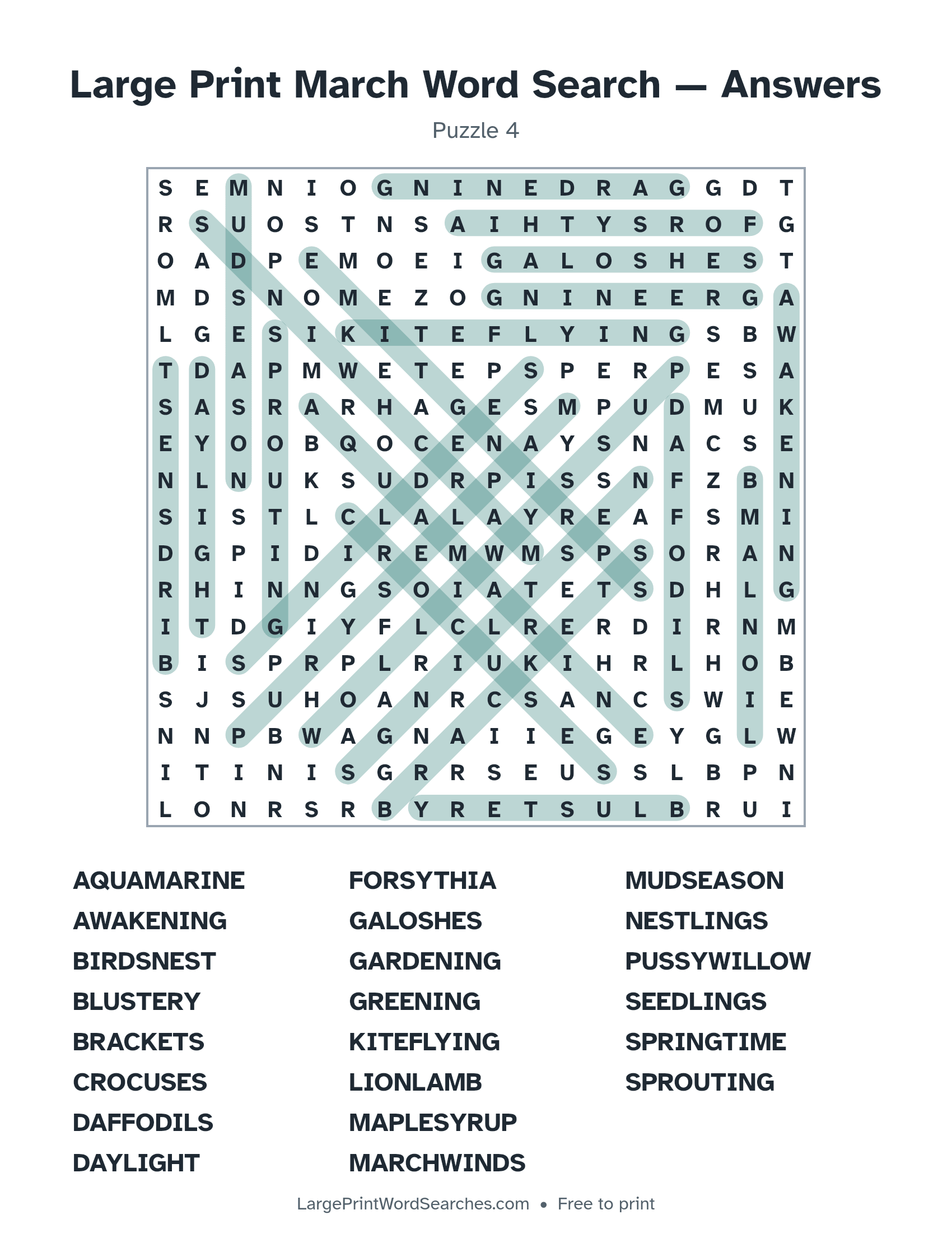 Answer key for large print march word search puzzle 4 with every hidden word highlighted