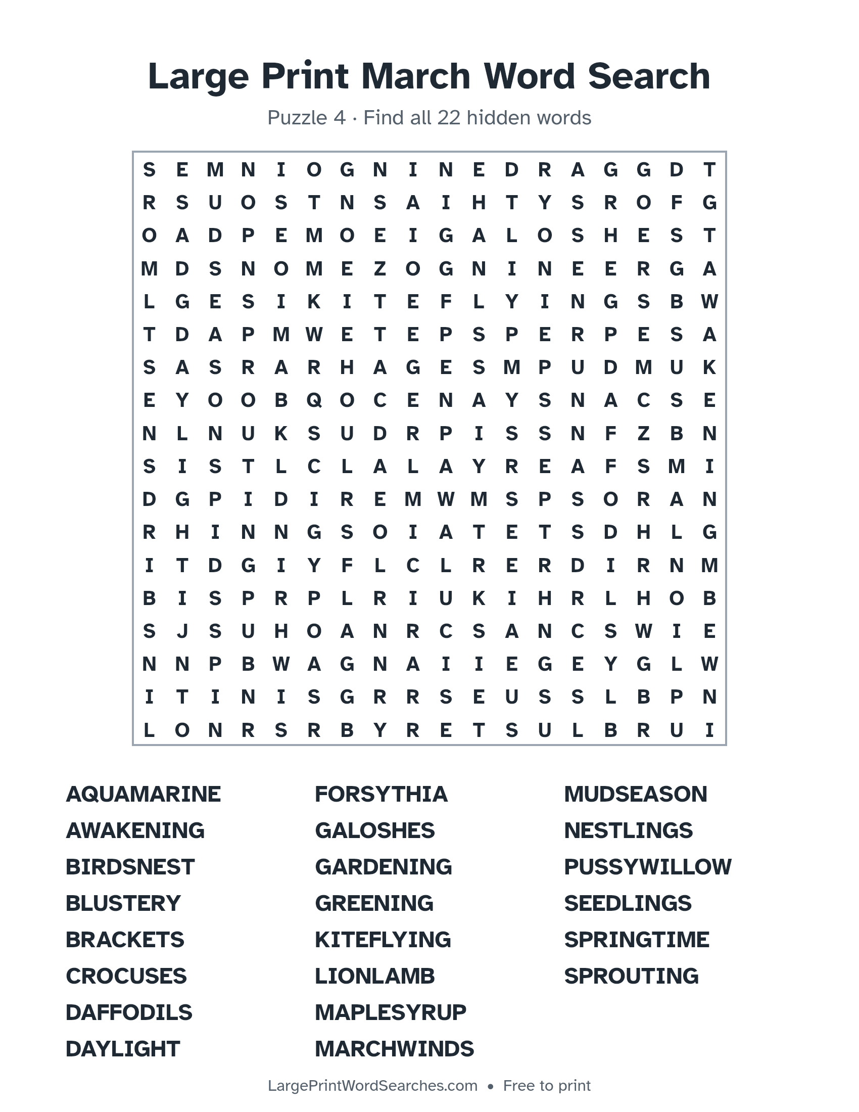 Large Print March Word Search puzzle 4: a 18 by 18 letter grid with 22 hidden words in large print
