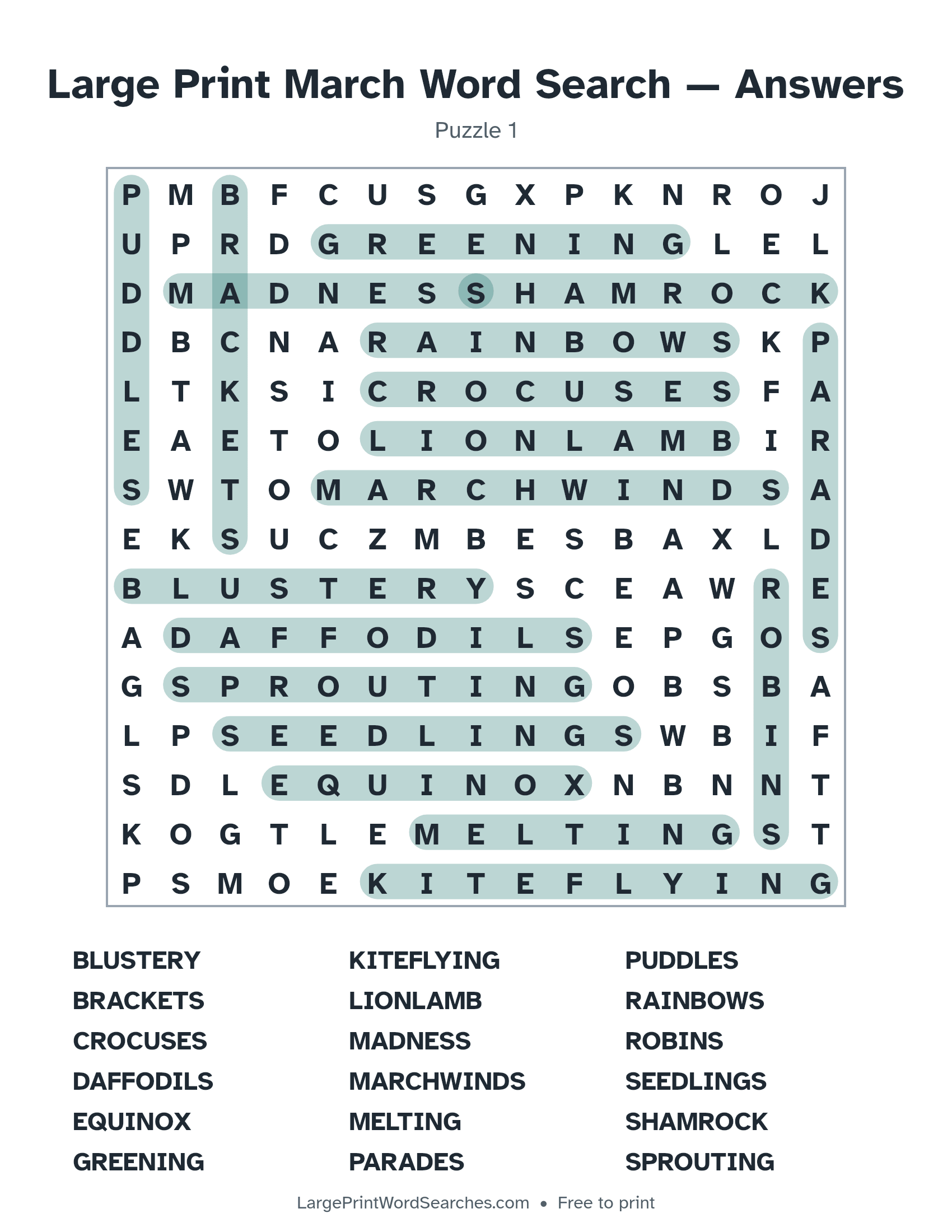 Answer key for large print march word search puzzle 1 with every hidden word highlighted