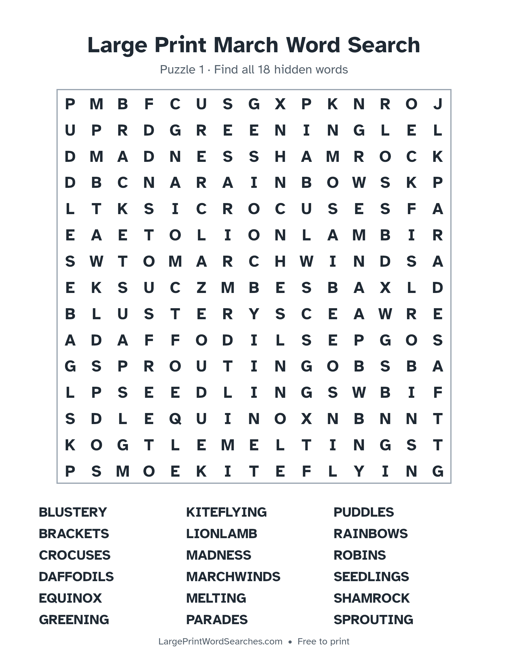 Large Print March Word Search puzzle 1: a 15 by 15 letter grid with 18 hidden words in large print