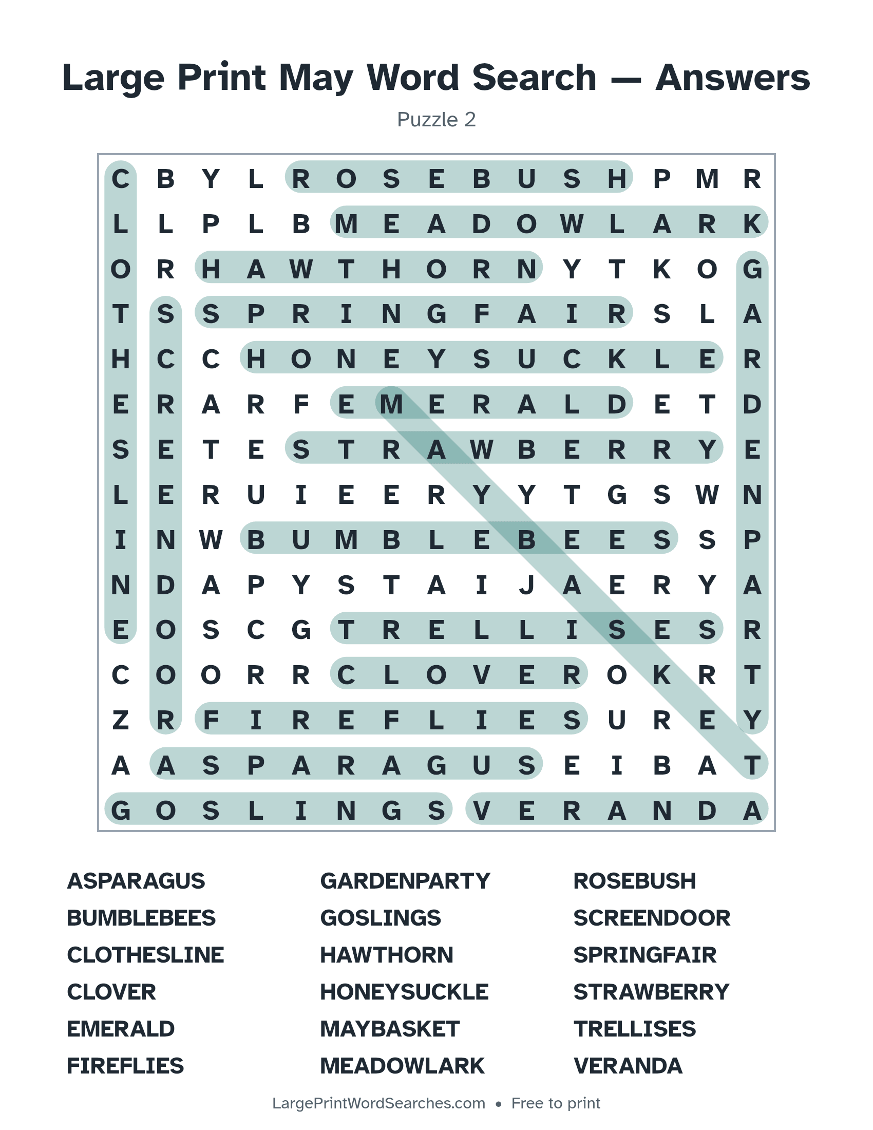 Answer key for large print may word search puzzle 2 with every hidden word highlighted