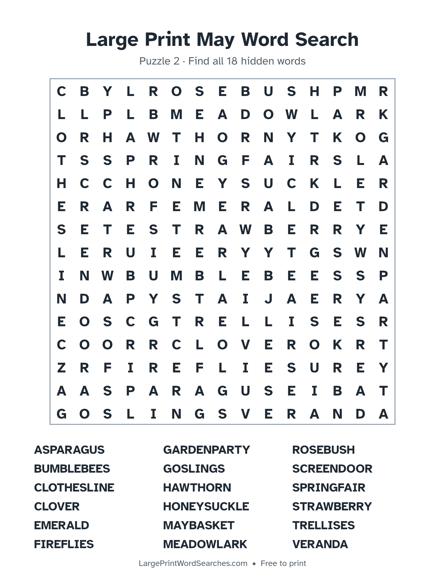 Large Print May Word Search puzzle 2: a 15 by 15 letter grid with 18 hidden words in large print