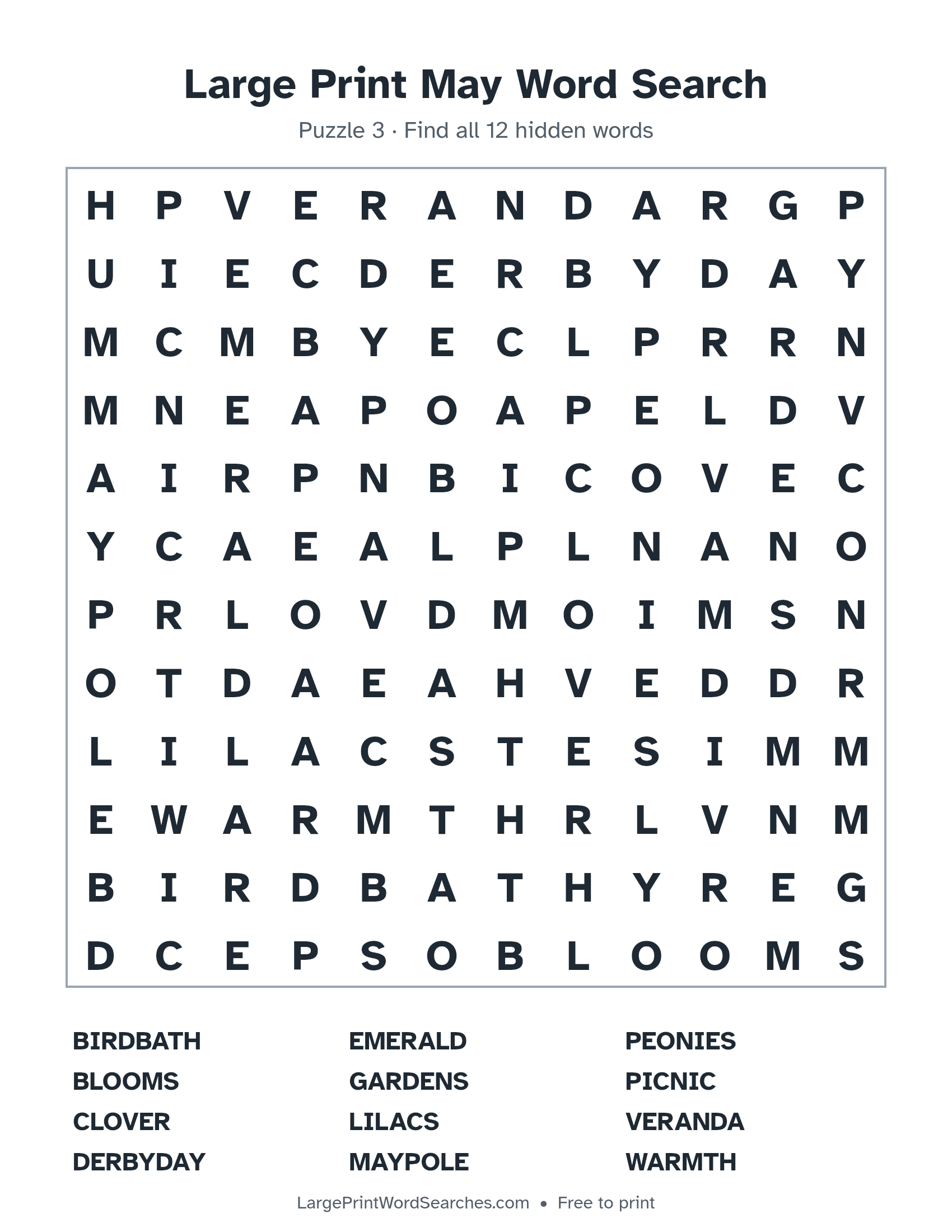 Large Print May Word Search puzzle 3: a 12 by 12 letter grid with 12 hidden words in large print