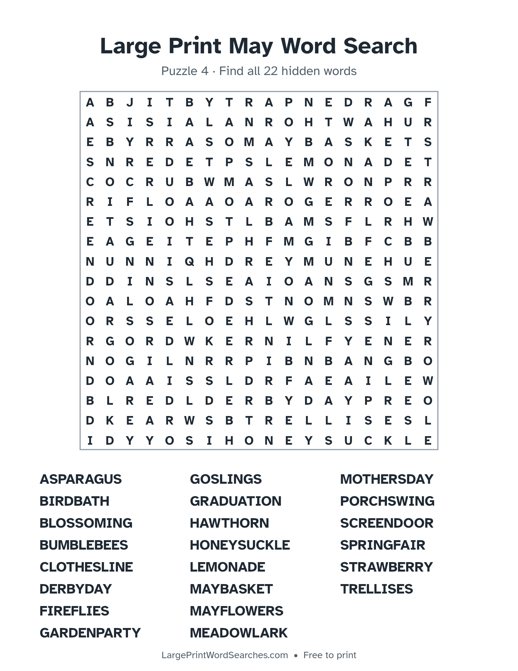 Large Print May Word Search puzzle 4: a 18 by 18 letter grid with 22 hidden words in large print