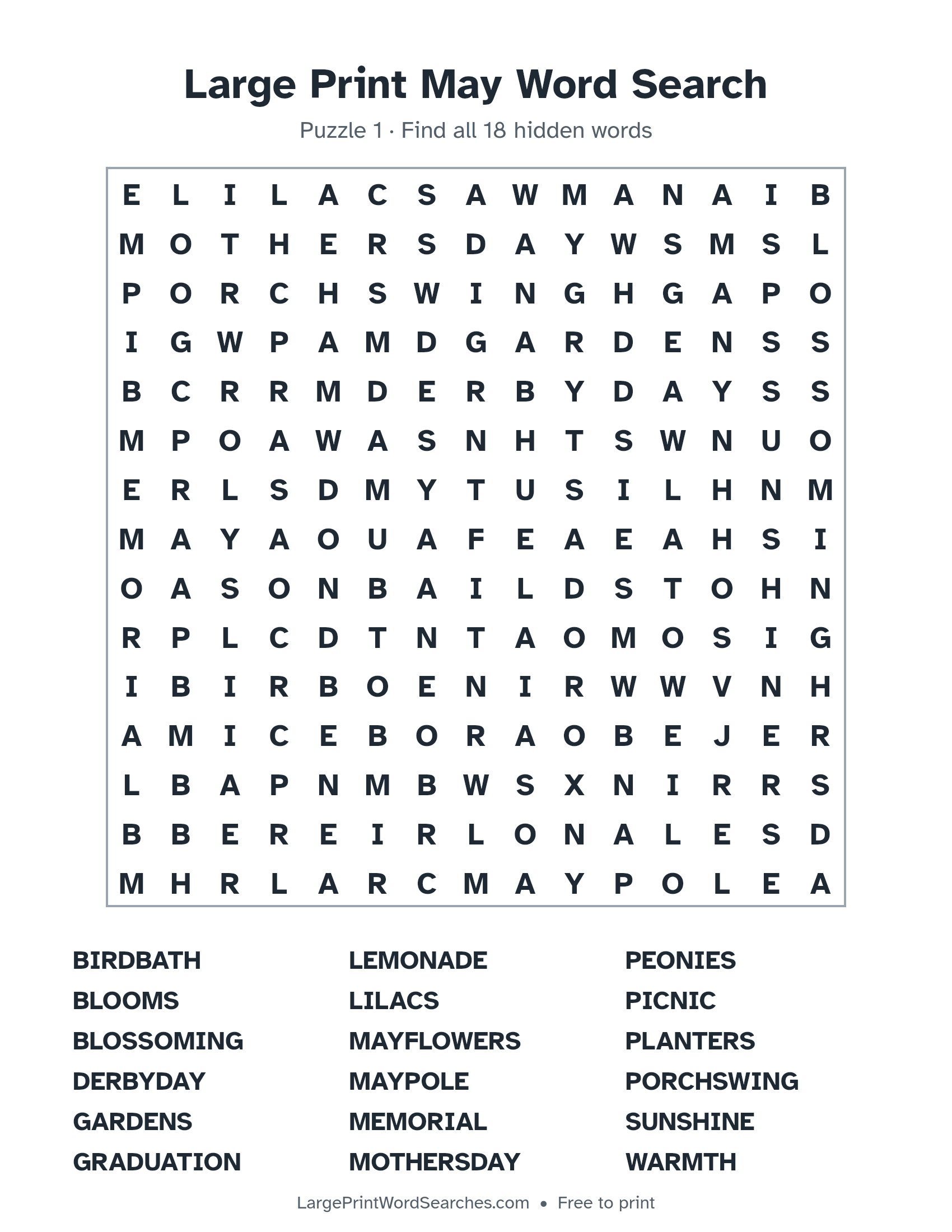 Large Print May Word Search puzzle 1: a 15 by 15 letter grid with 18 hidden words in large print