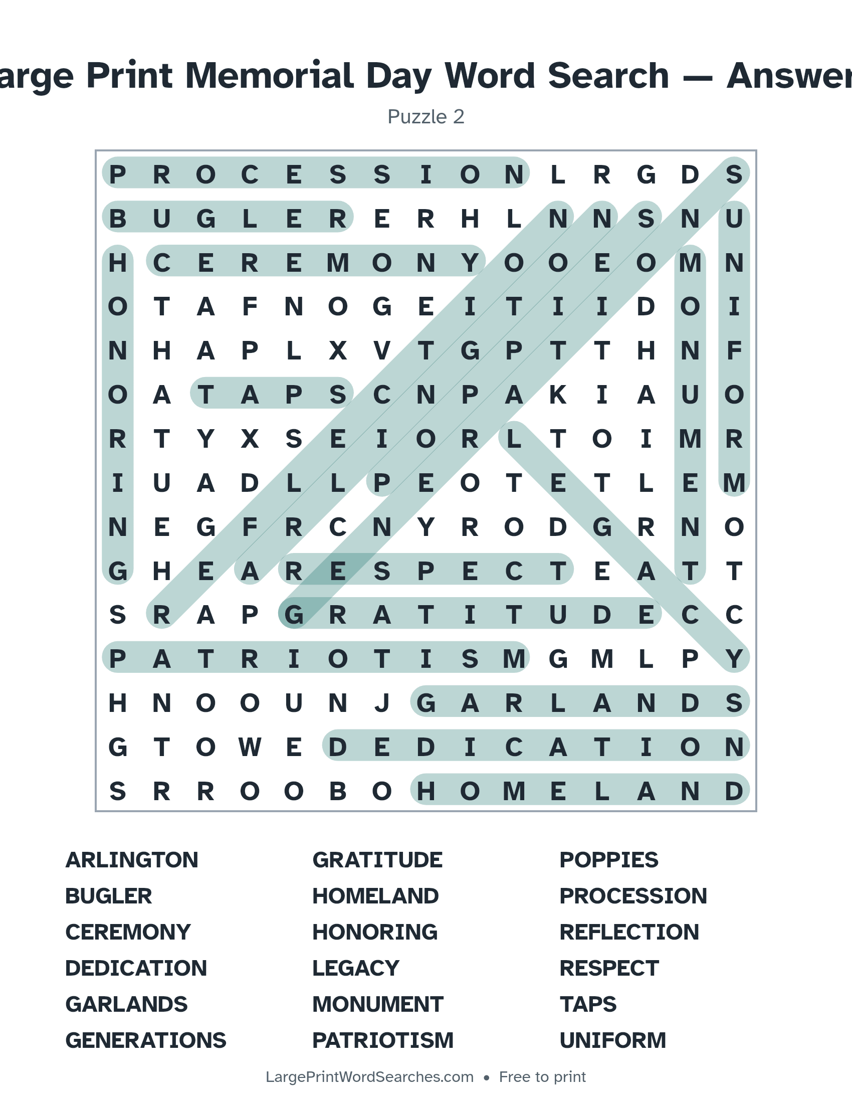 Answer key for large print memorial day word search puzzle 2 with every hidden word highlighted