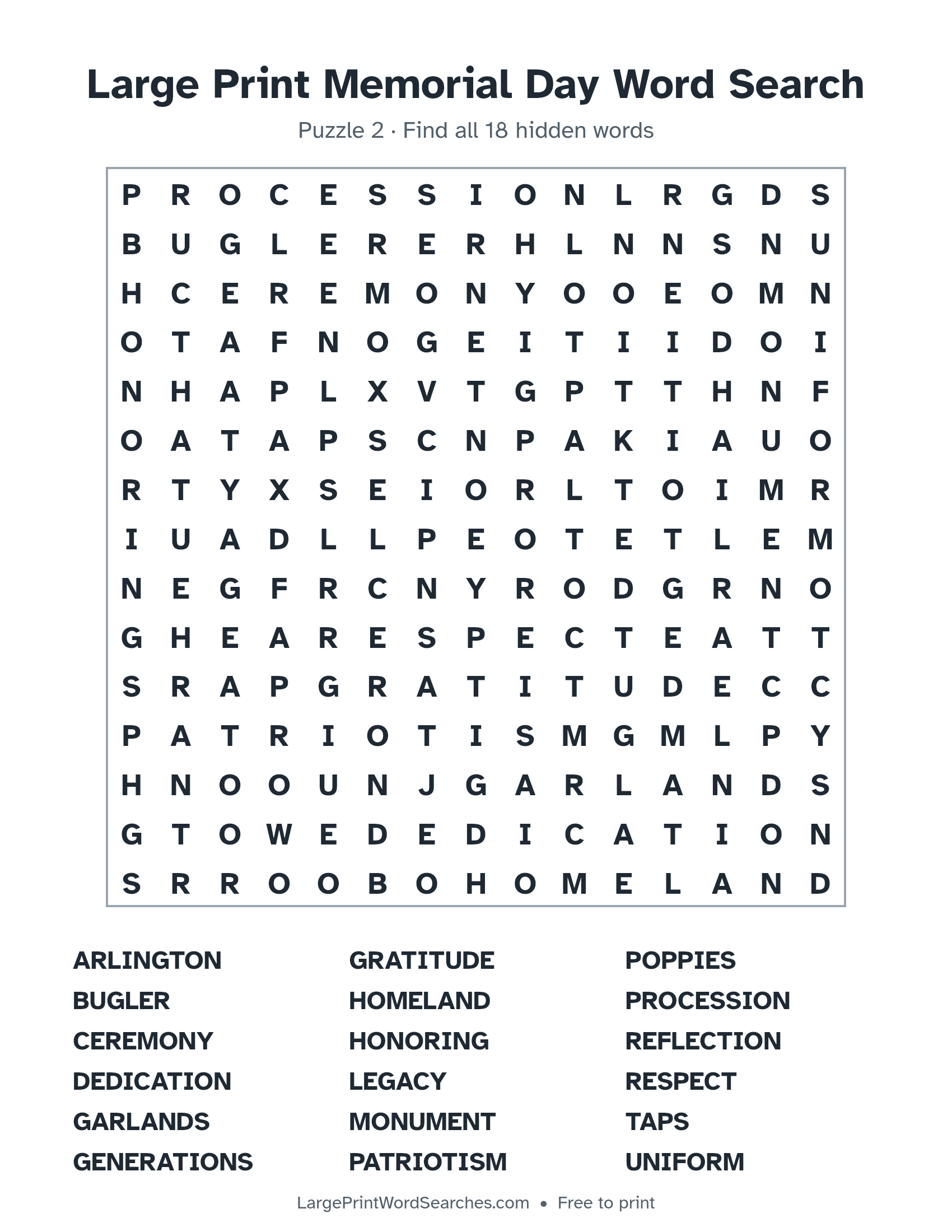 Large Print Memorial Day Word Search puzzle 2: a 15 by 15 letter grid with 18 hidden words in large print