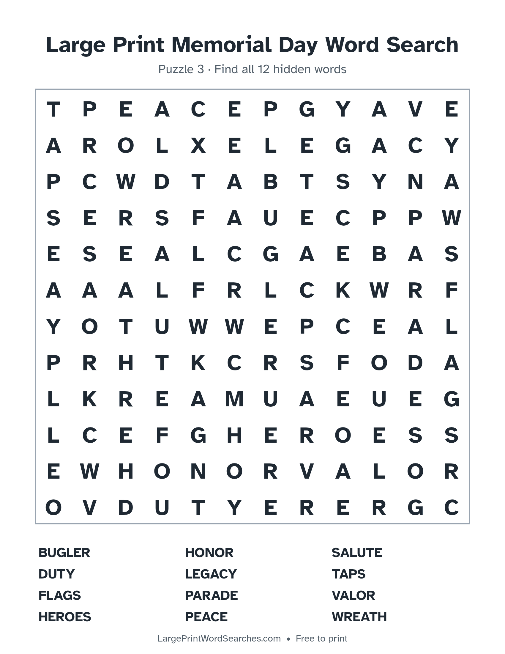 Large Print Memorial Day Word Search puzzle 3: a 12 by 12 letter grid with 12 hidden words in large print