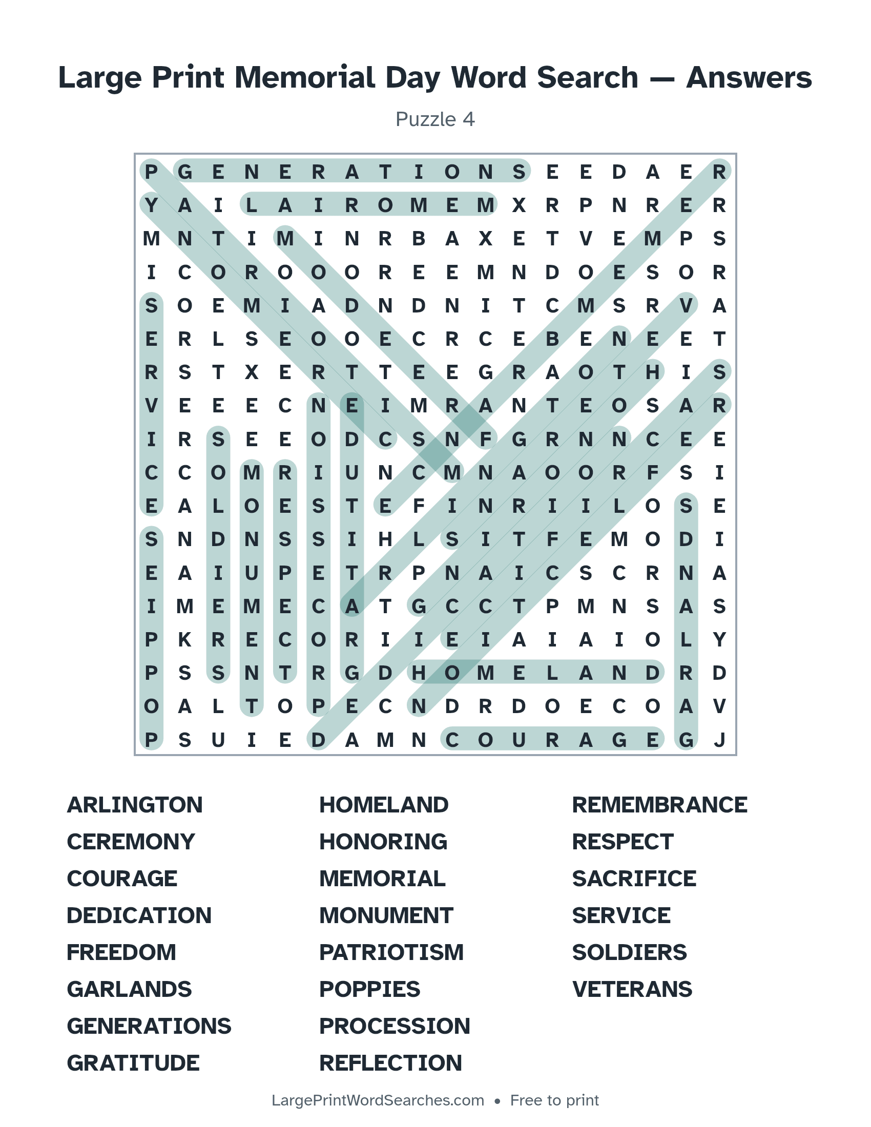Answer key for large print memorial day word search puzzle 4 with every hidden word highlighted