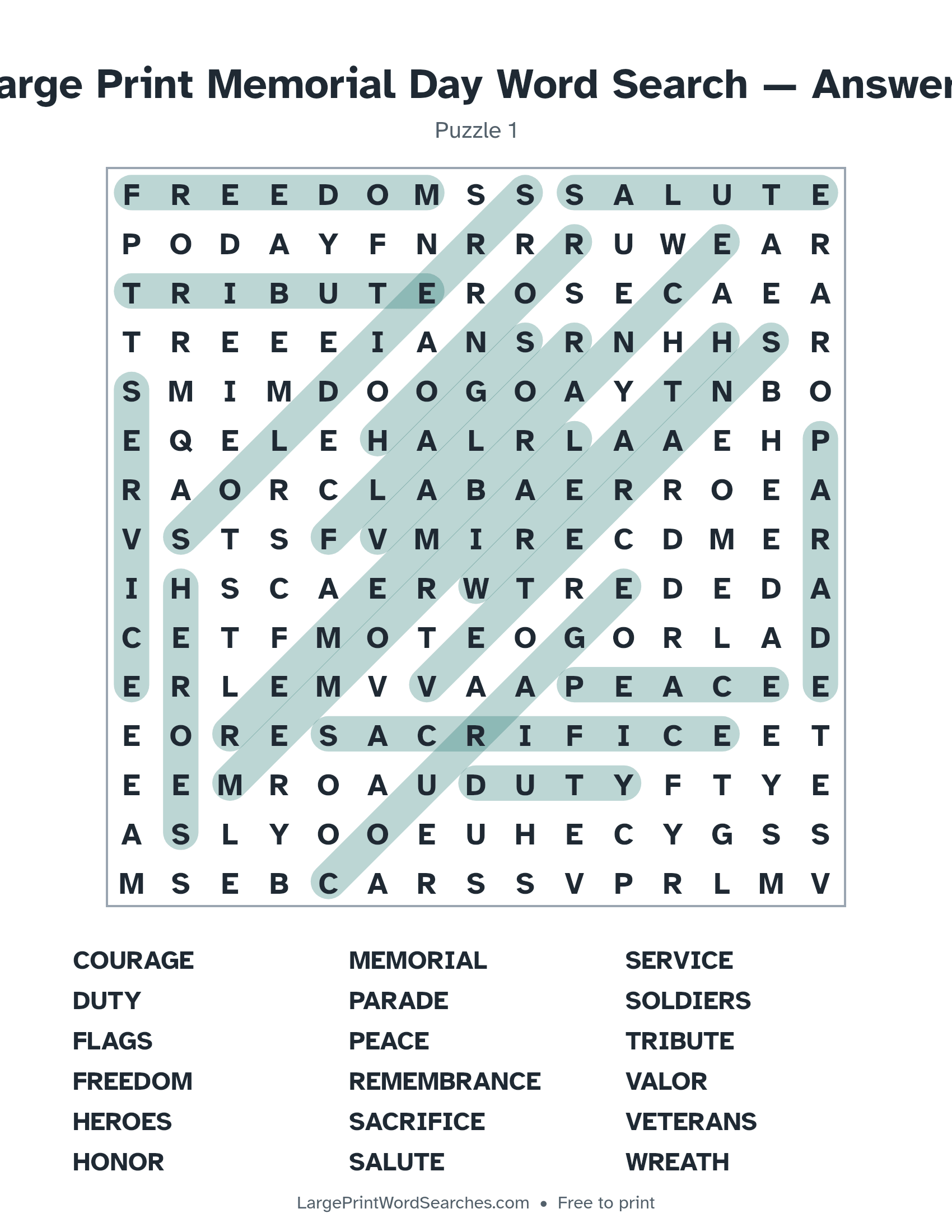 Answer key for large print memorial day word search puzzle 1 with every hidden word highlighted