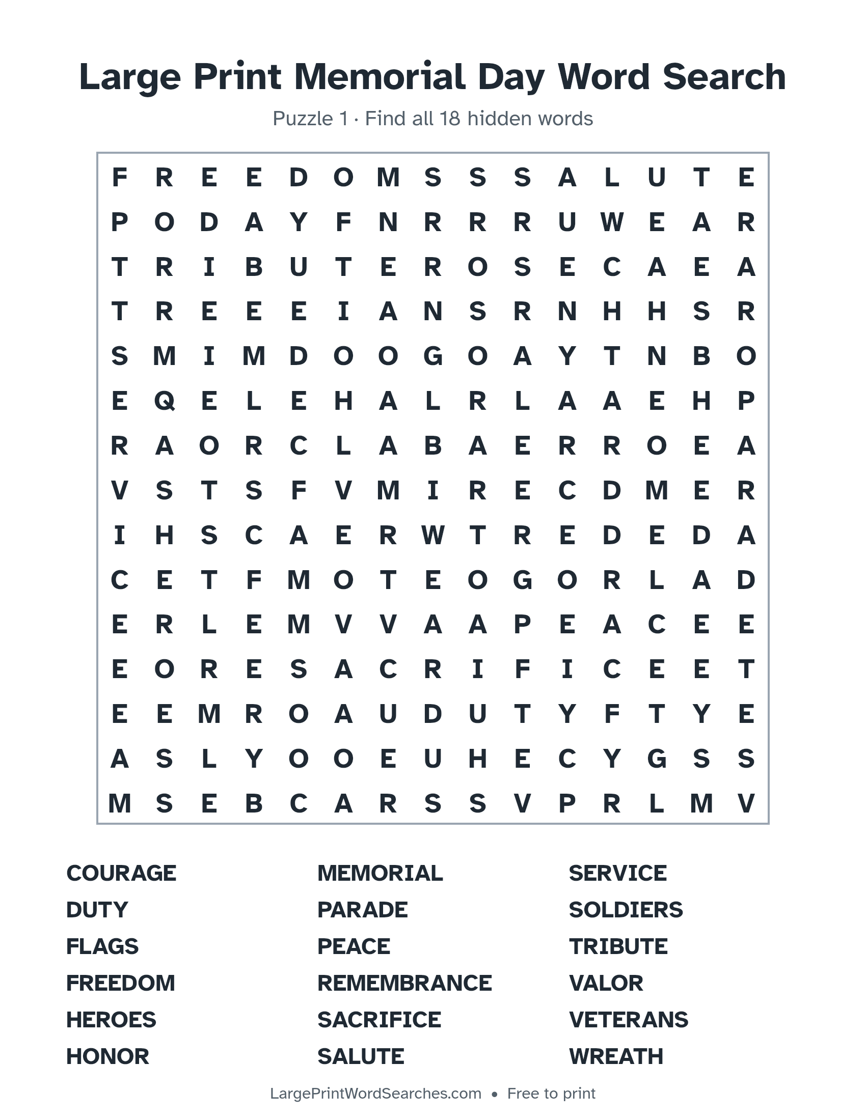 Large Print Memorial Day Word Search puzzle 1: a 15 by 15 letter grid with 18 hidden words in large print