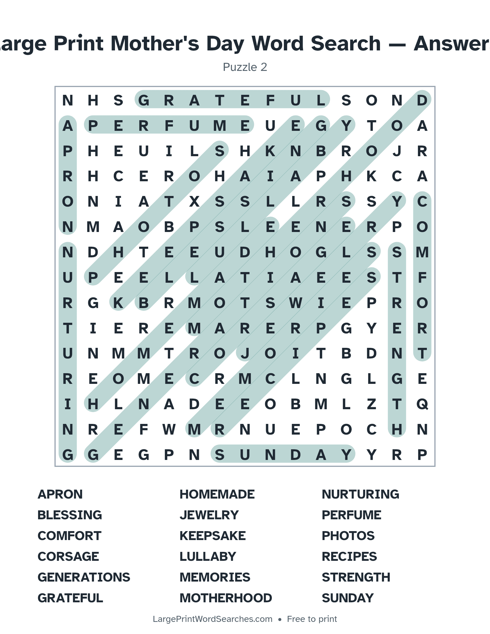 Answer key for large print mother's day word search puzzle 2 with every hidden word highlighted
