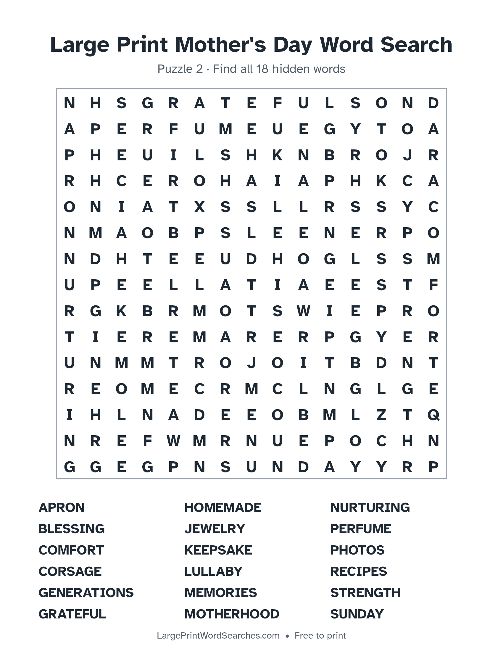 Large Print Mother's Day Word Search puzzle 2: a 15 by 15 letter grid with 18 hidden words in large print