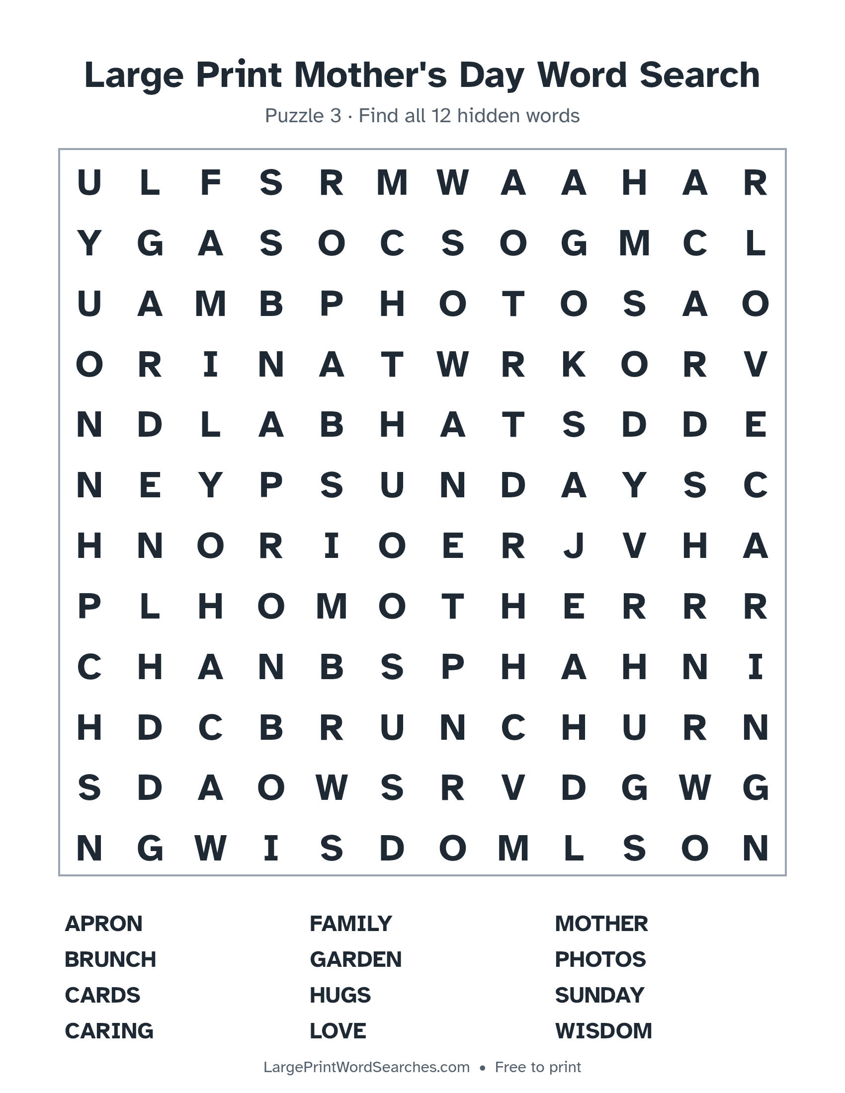 Large Print Mother's Day Word Search puzzle 3: a 12 by 12 letter grid with 12 hidden words in large print