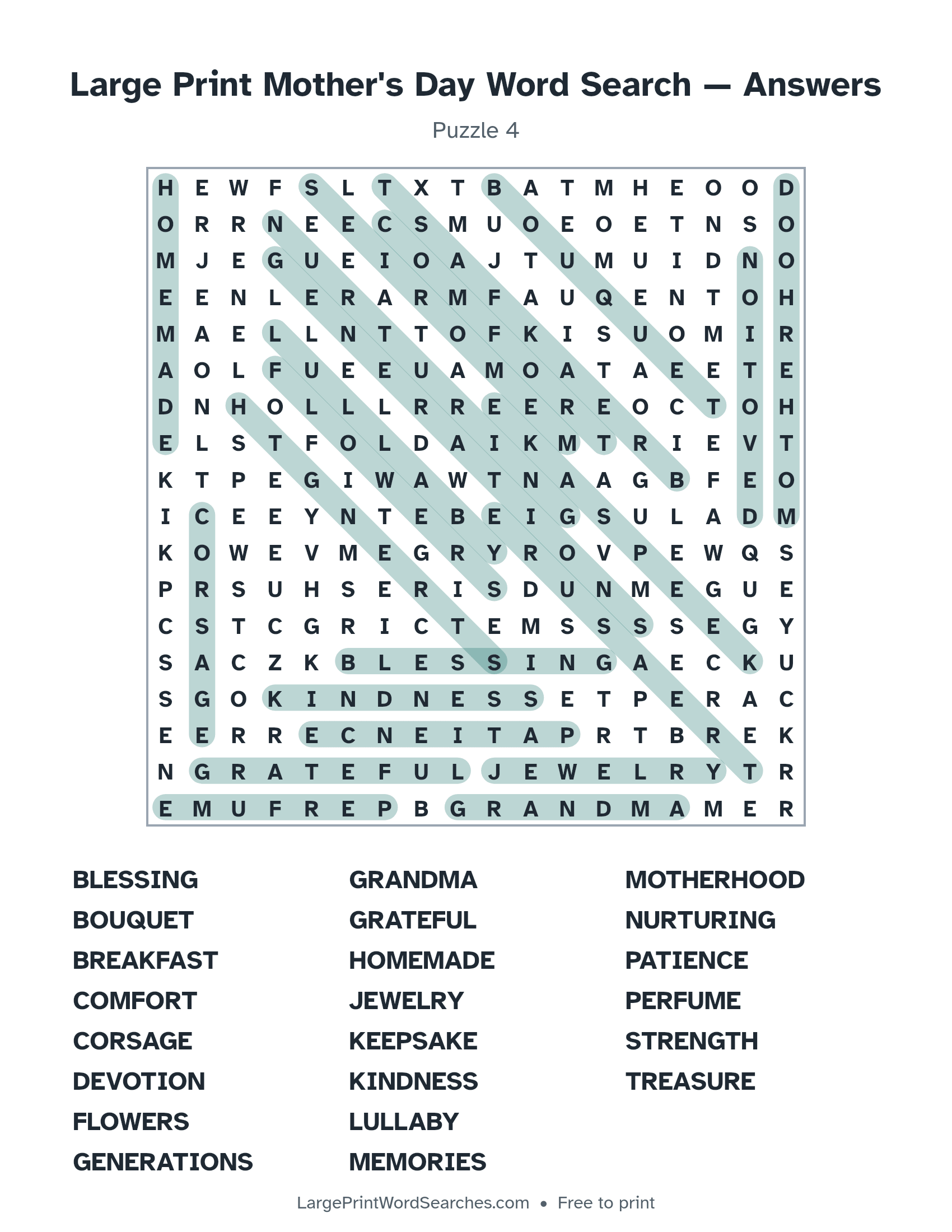 Answer key for large print mother's day word search puzzle 4 with every hidden word highlighted