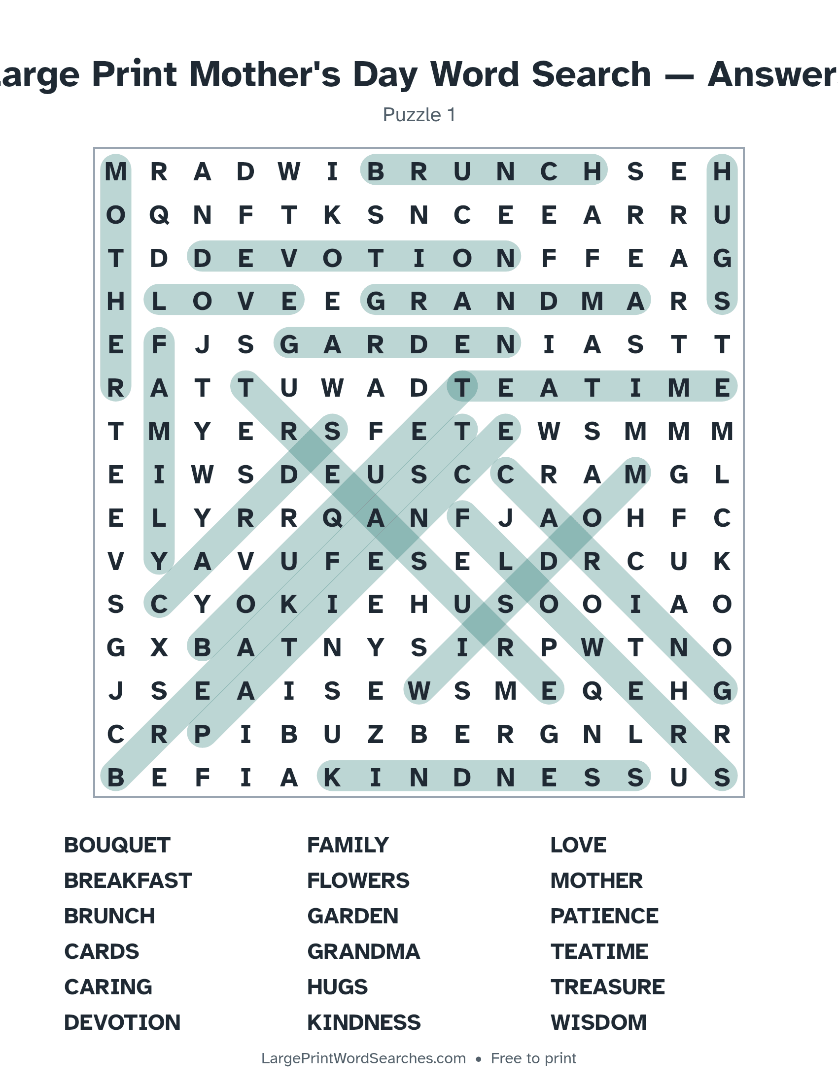 Answer key for large print mother's day word search puzzle 1 with every hidden word highlighted