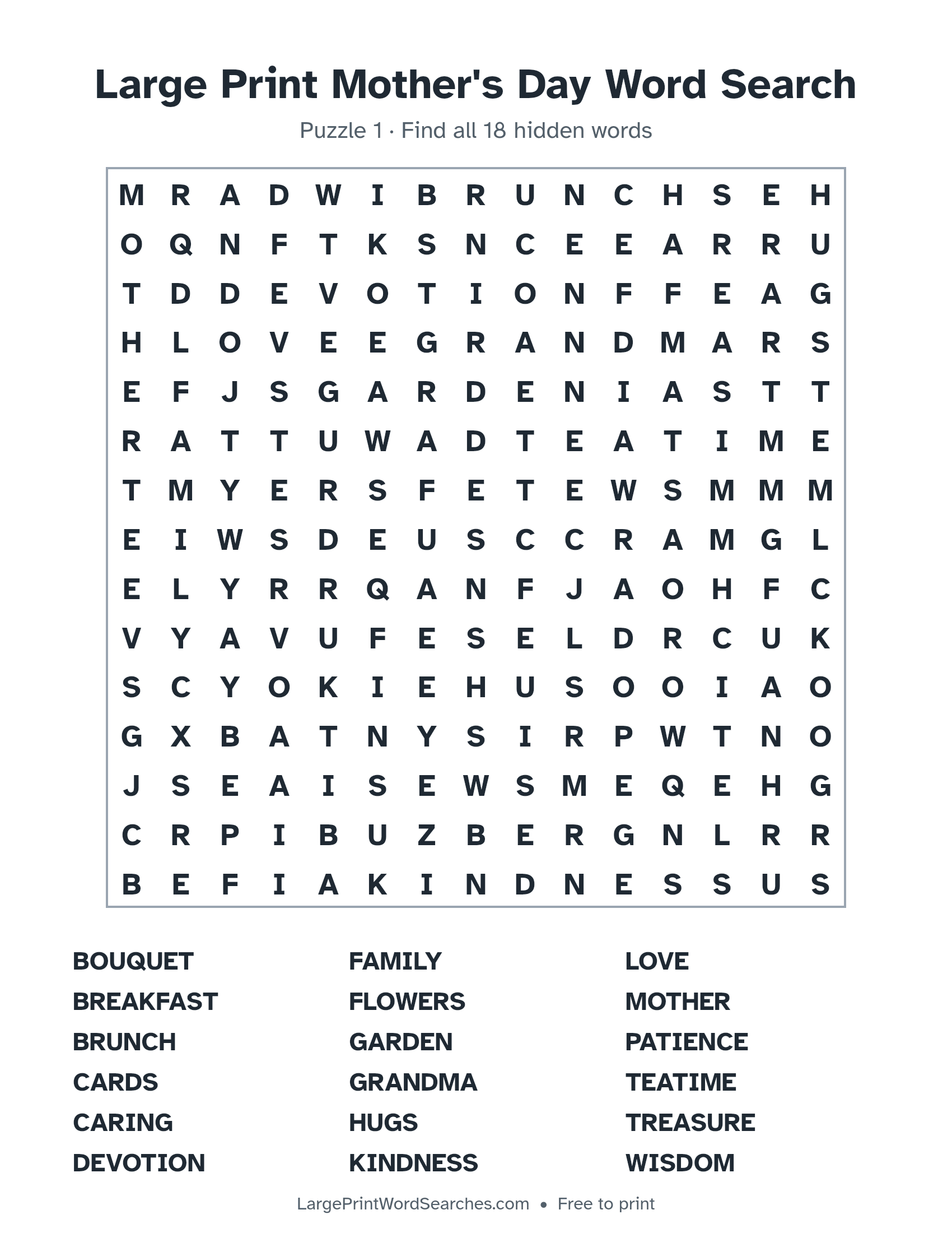Large Print Mother's Day Word Search puzzle 1: a 15 by 15 letter grid with 18 hidden words in large print