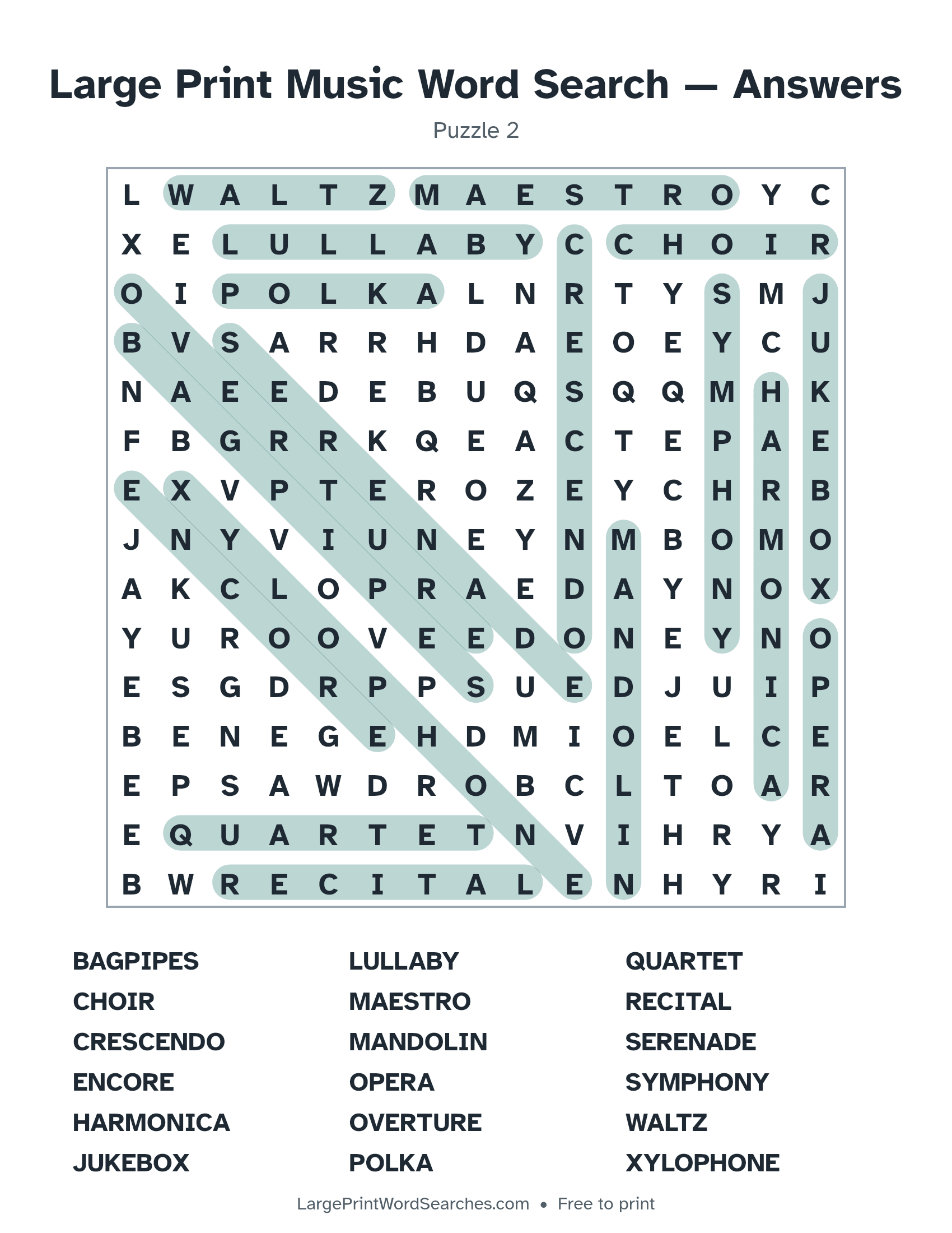 Answer key for large print music word search puzzle 2 with every hidden word highlighted
