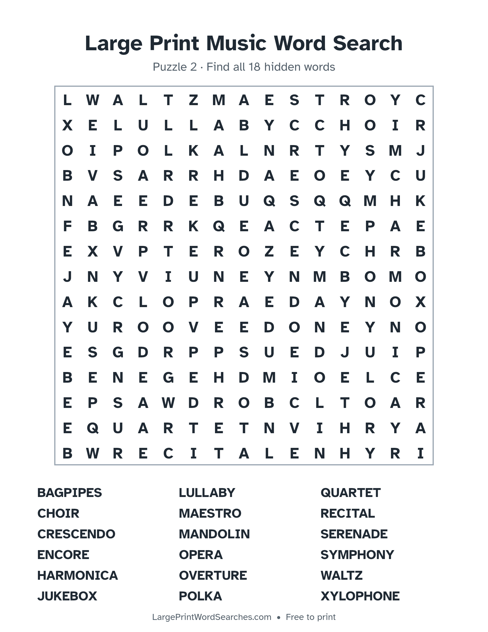 Large Print Music Word Search puzzle 2: a 15 by 15 letter grid with 18 hidden words in large print