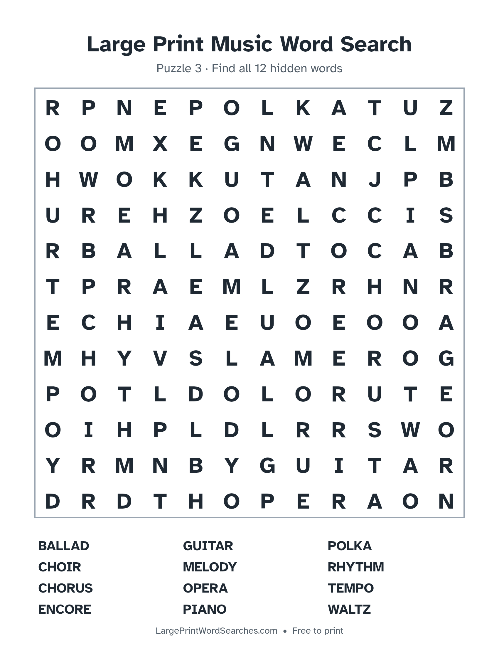 Large Print Music Word Search puzzle 3: a 12 by 12 letter grid with 12 hidden words in large print