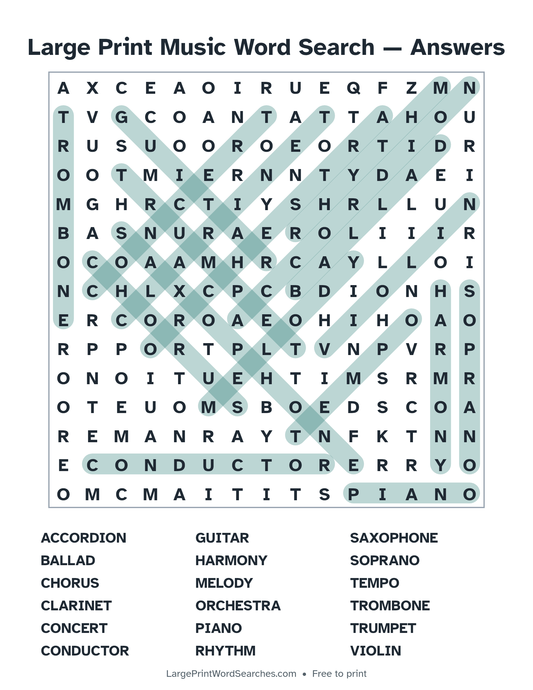 Answer key for large print music word search puzzle 1 with every hidden word highlighted