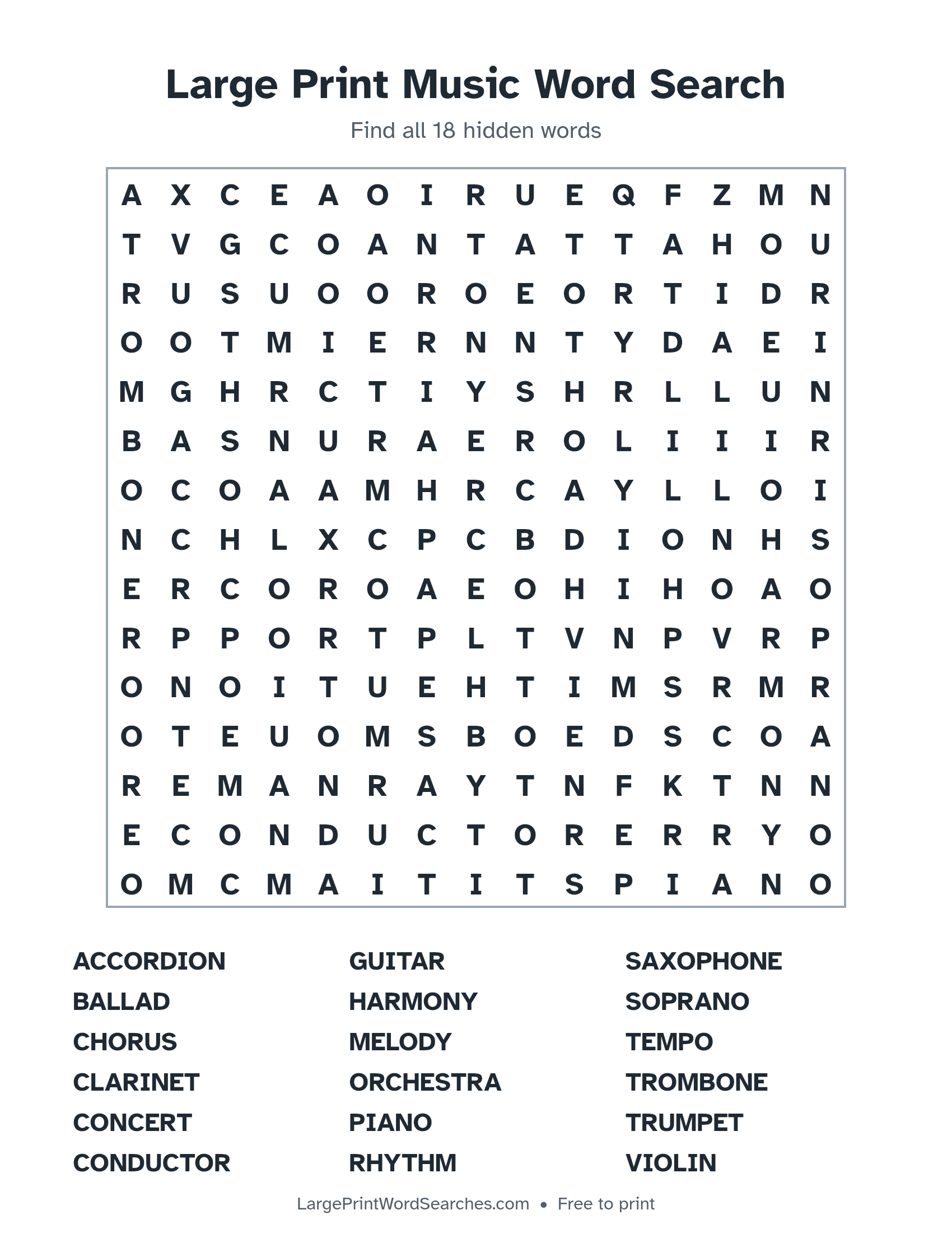 Large Print Music Word Search puzzle 1: a 15 by 15 letter grid with 18 hidden words in large print