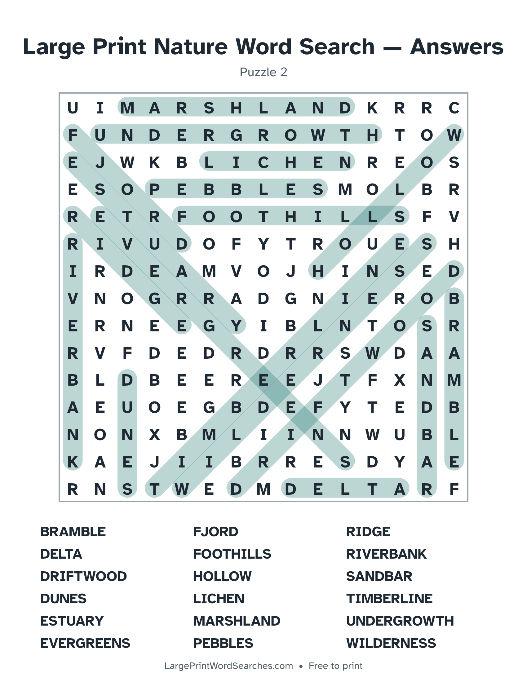 Answer key for large print nature word search puzzle 2 with every hidden word highlighted