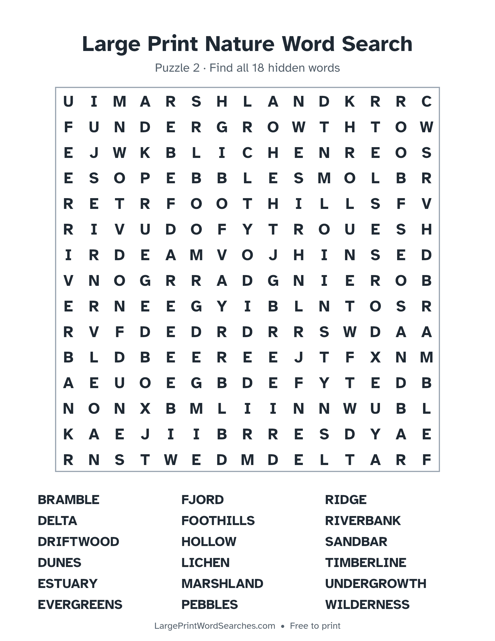 Large Print Nature Word Search puzzle 2: a 15 by 15 letter grid with 18 hidden words in large print
