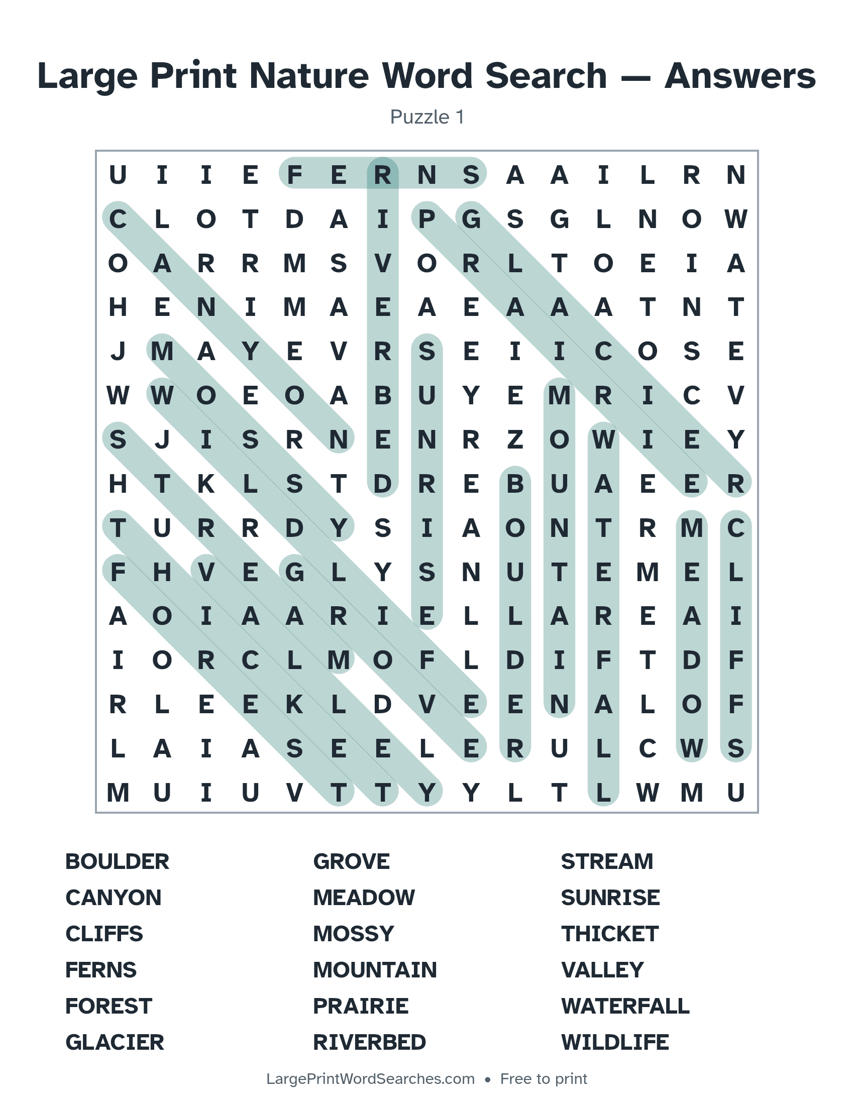 Answer key for large print nature word search puzzle 1 with every hidden word highlighted