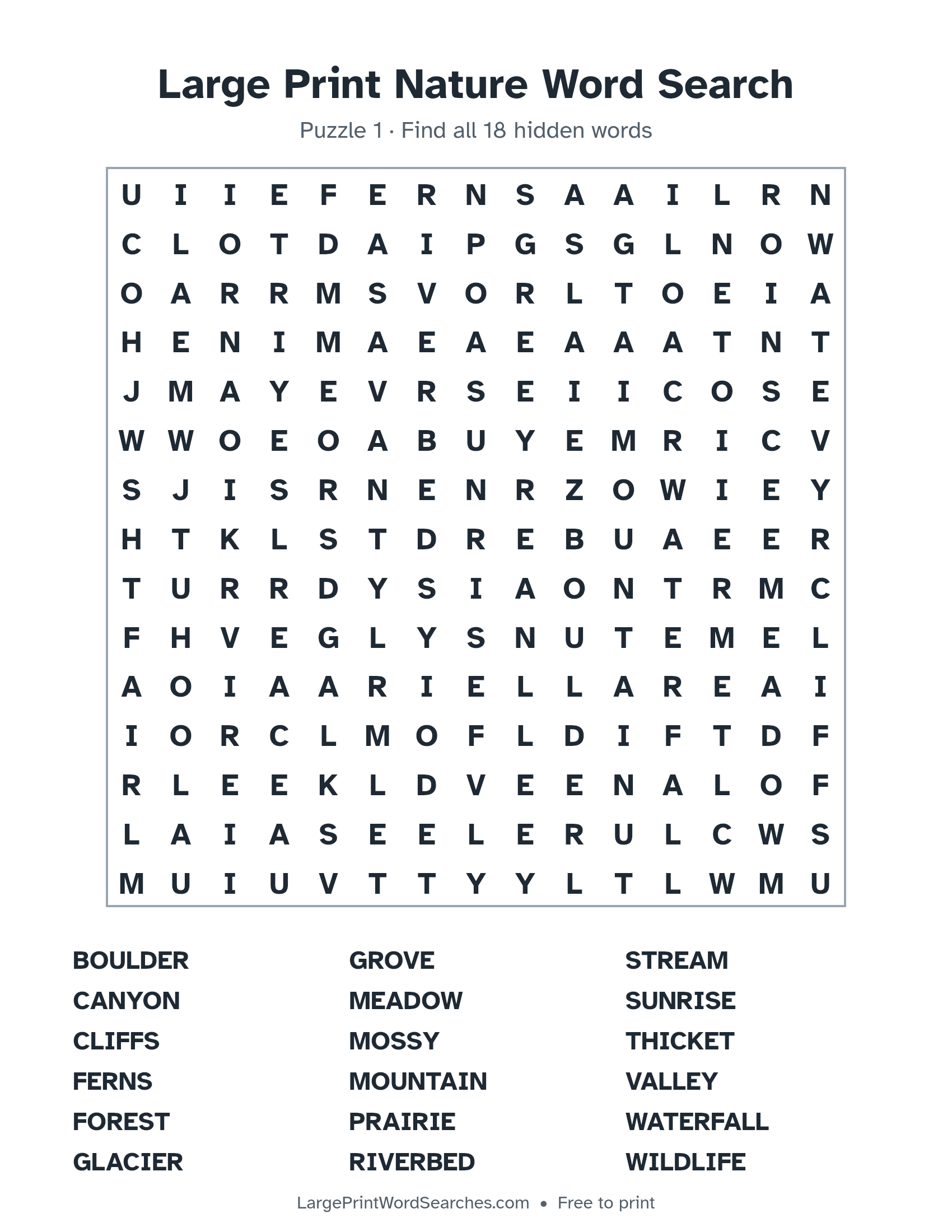 Large Print Nature Word Search puzzle 1: a 15 by 15 letter grid with 18 hidden words in large print