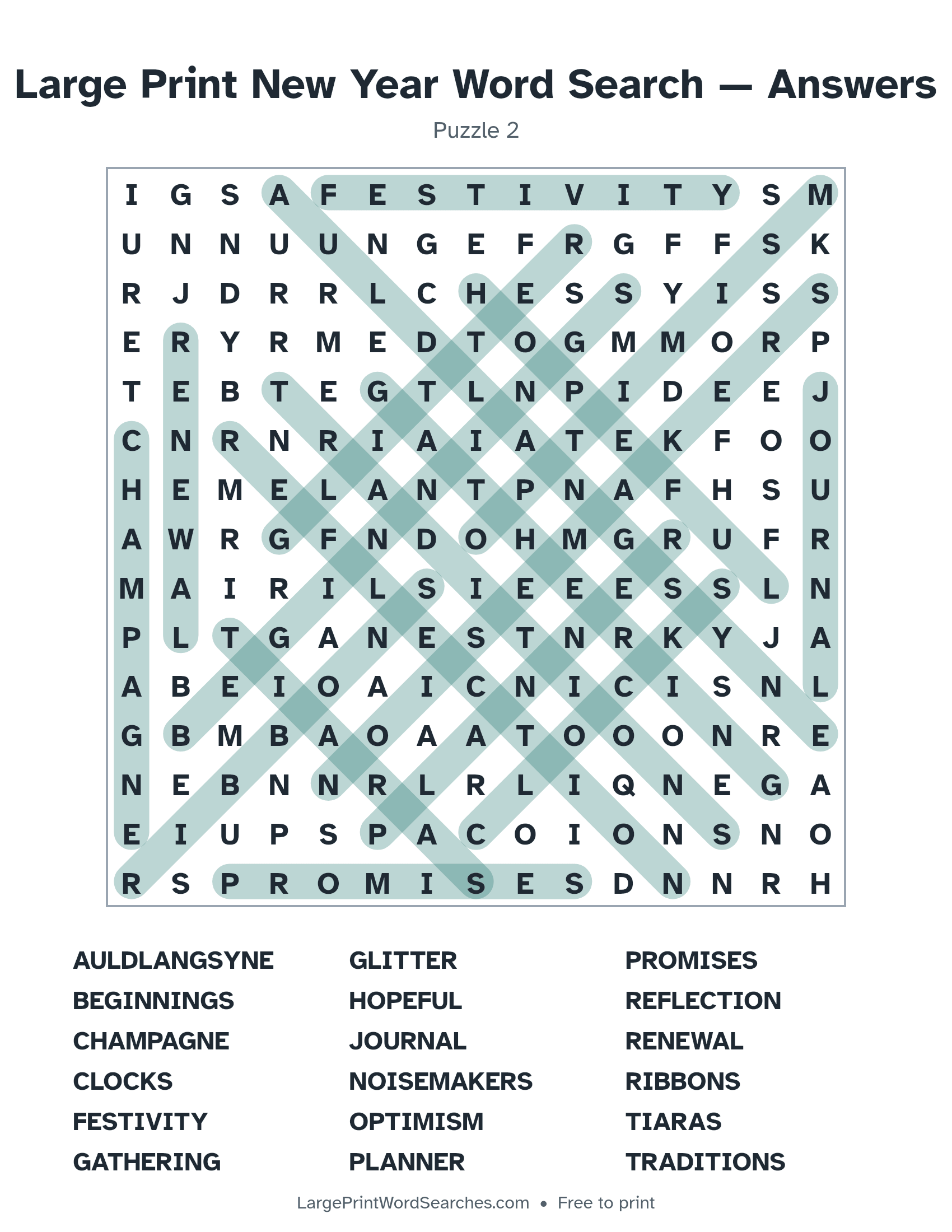 Answer key for large print new year word search puzzle 2 with every hidden word highlighted