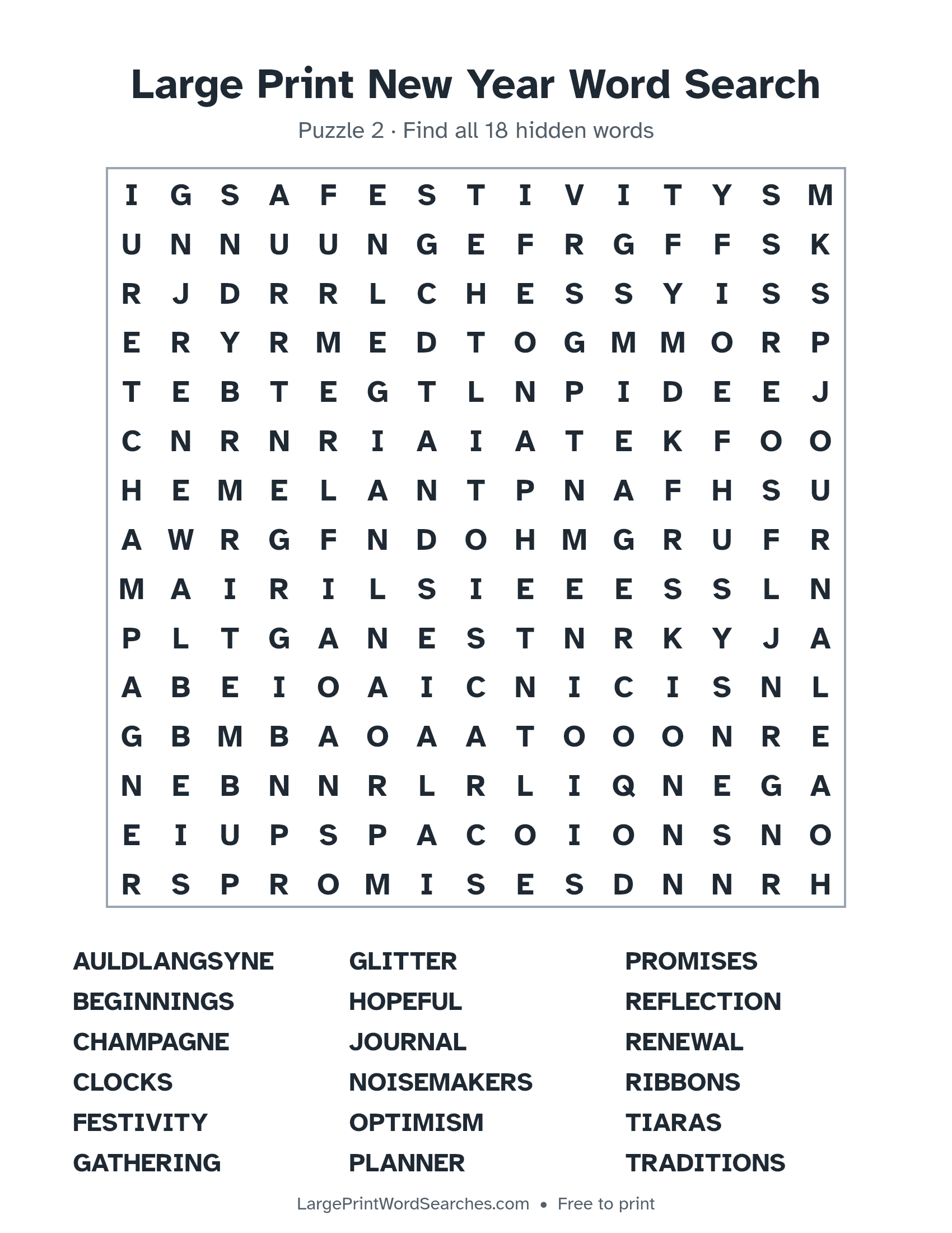 Large Print New Year Word Search puzzle 2: a 15 by 15 letter grid with 18 hidden words in large print