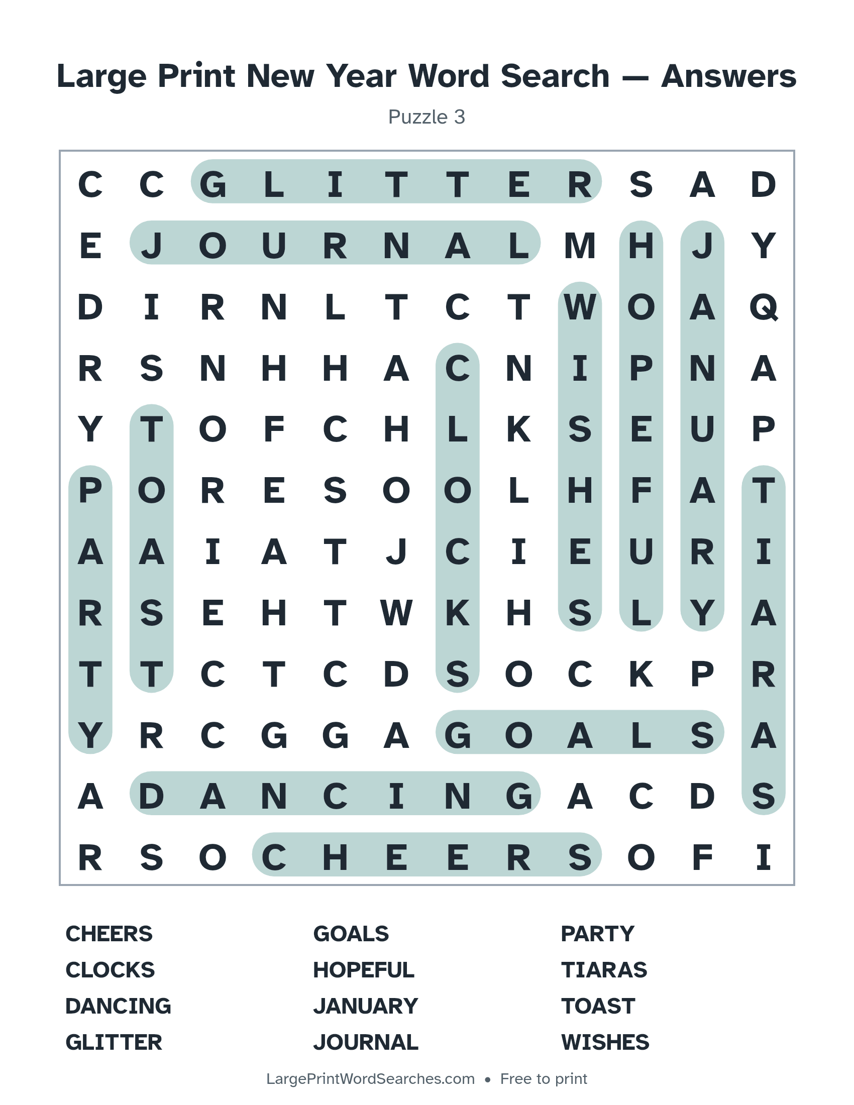 Answer key for large print new year word search puzzle 3 with every hidden word highlighted