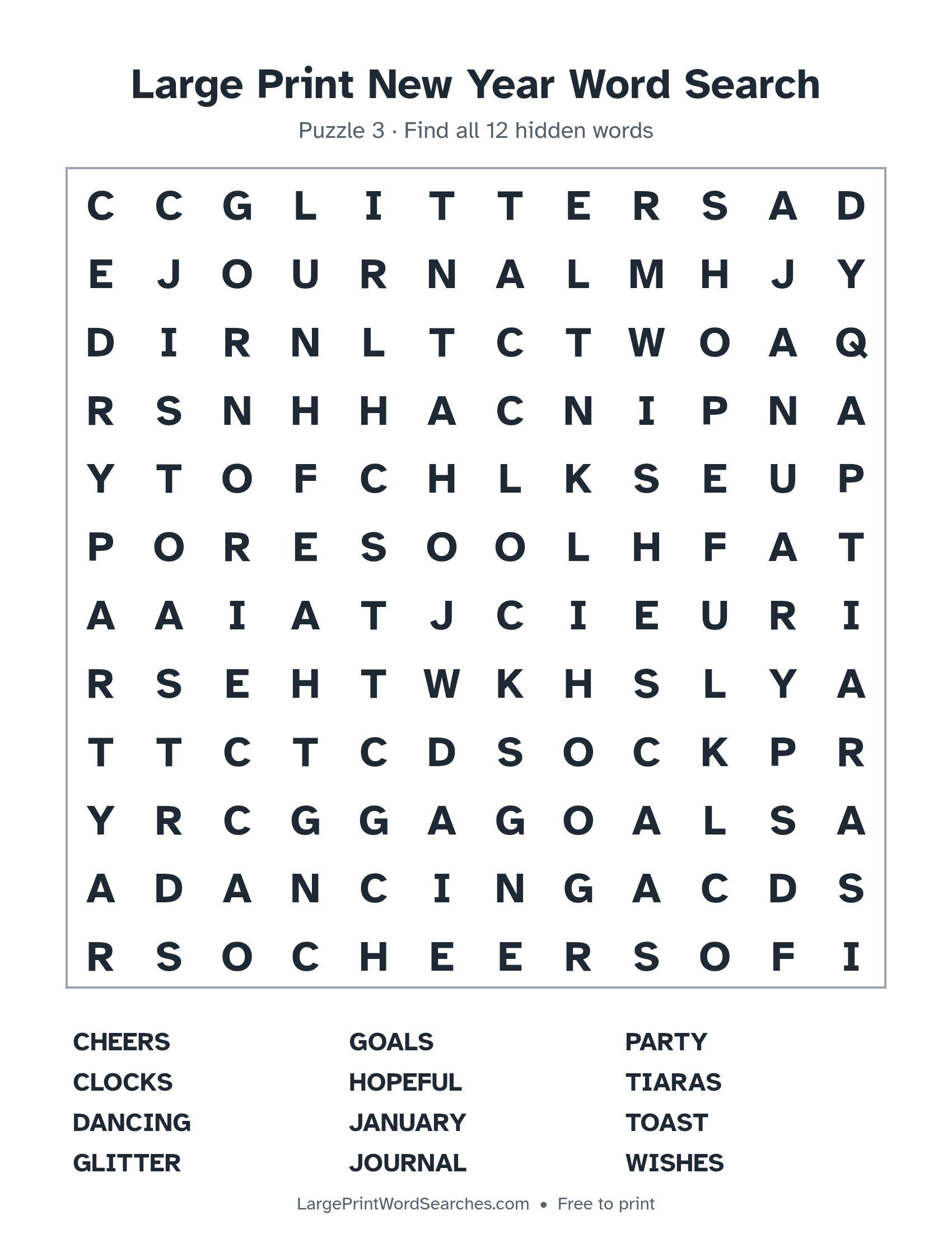 Large Print New Year Word Search puzzle 3: a 12 by 12 letter grid with 12 hidden words in large print