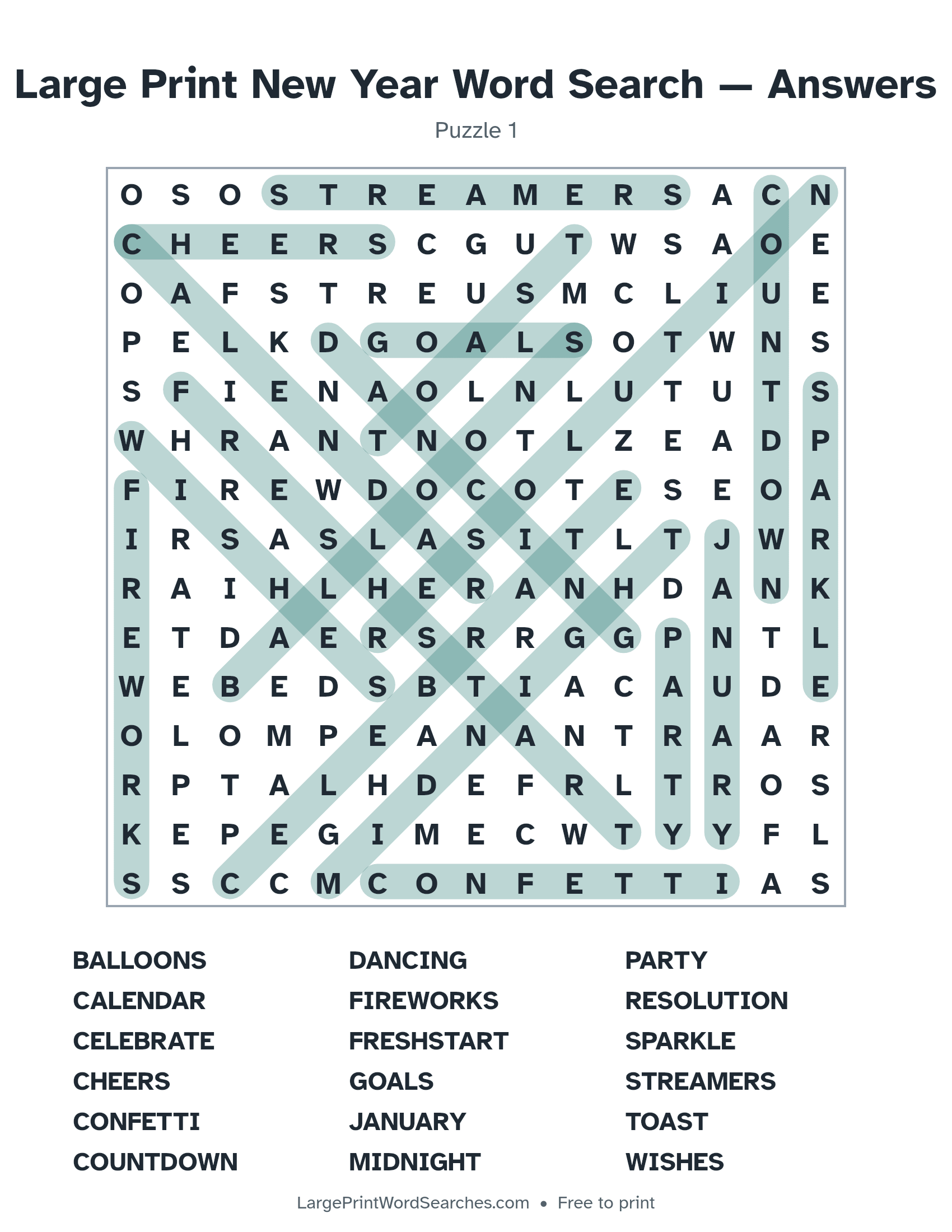 Answer key for large print new year word search puzzle 1 with every hidden word highlighted