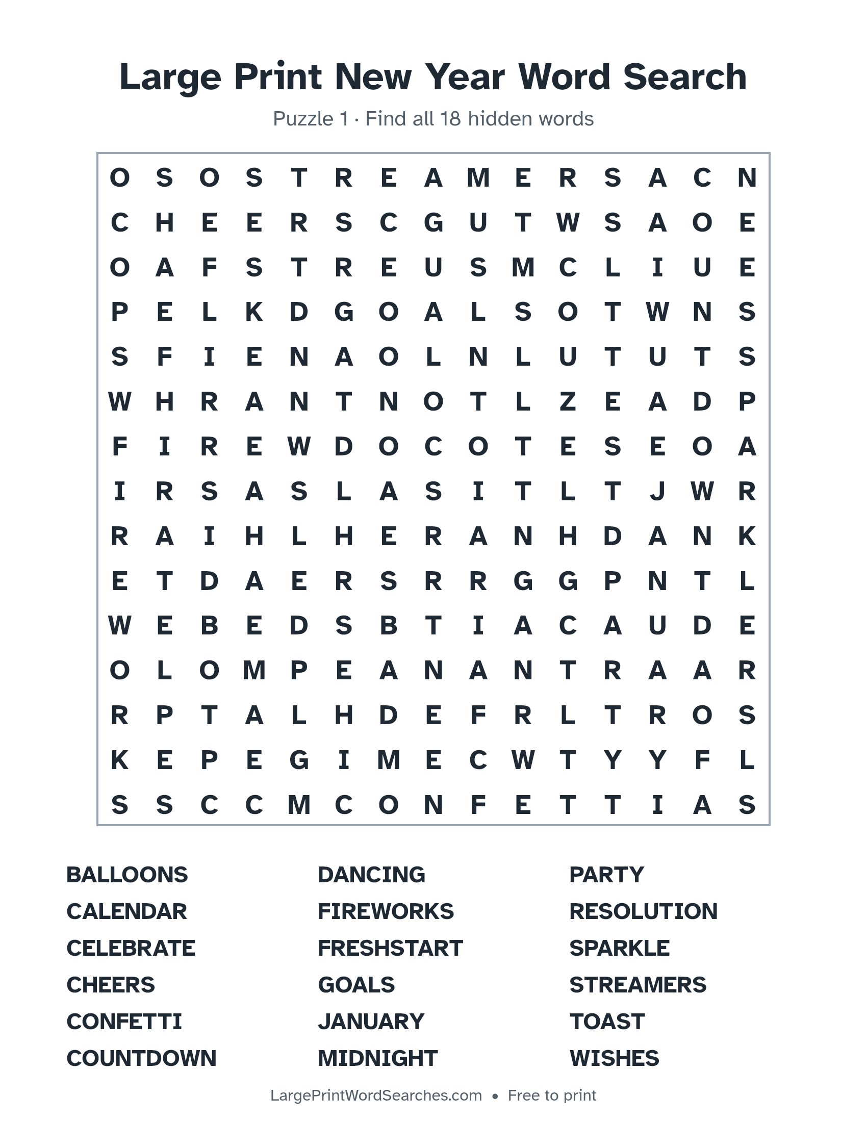 Large Print New Year Word Search puzzle 1: a 15 by 15 letter grid with 18 hidden words in large print
