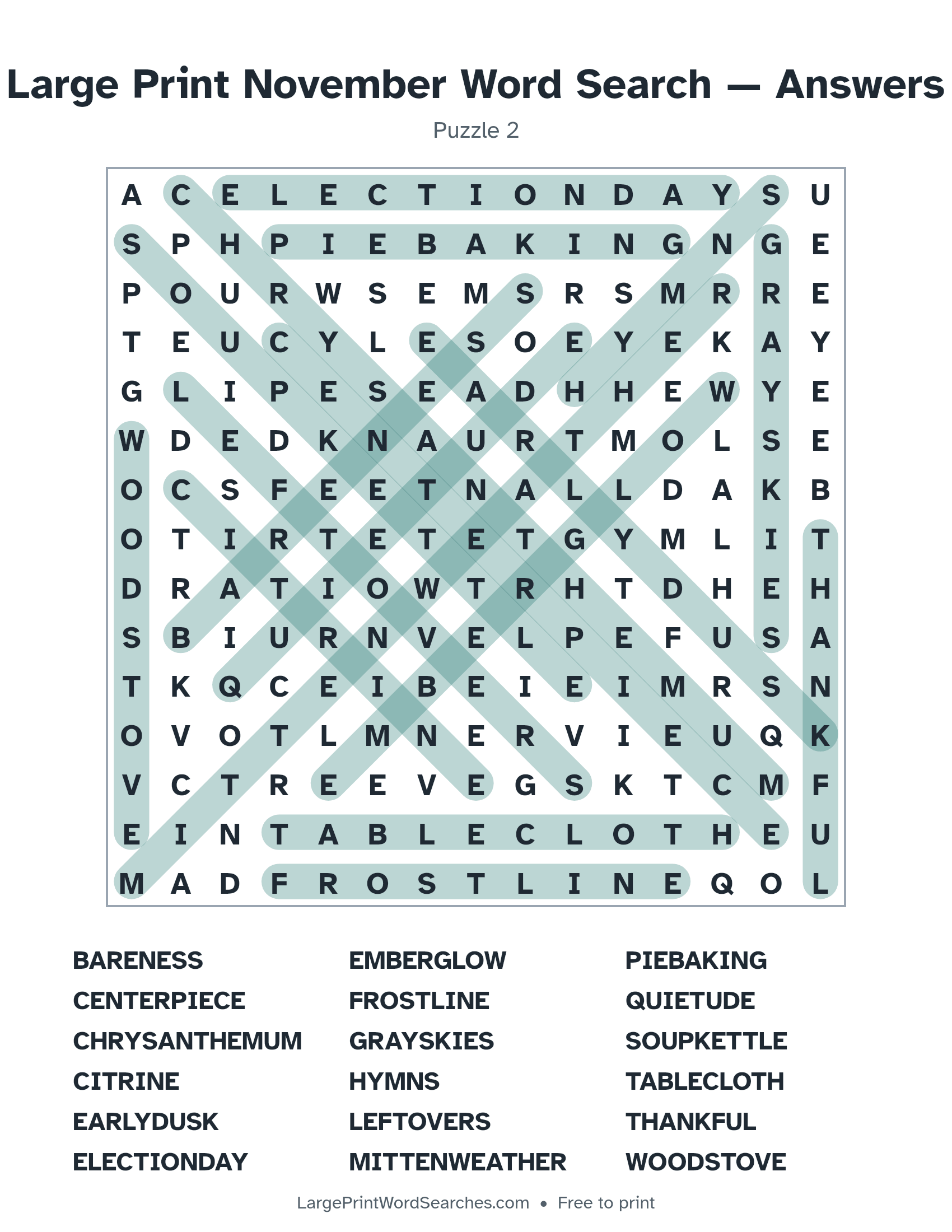 Answer key for large print november word search puzzle 2 with every hidden word highlighted