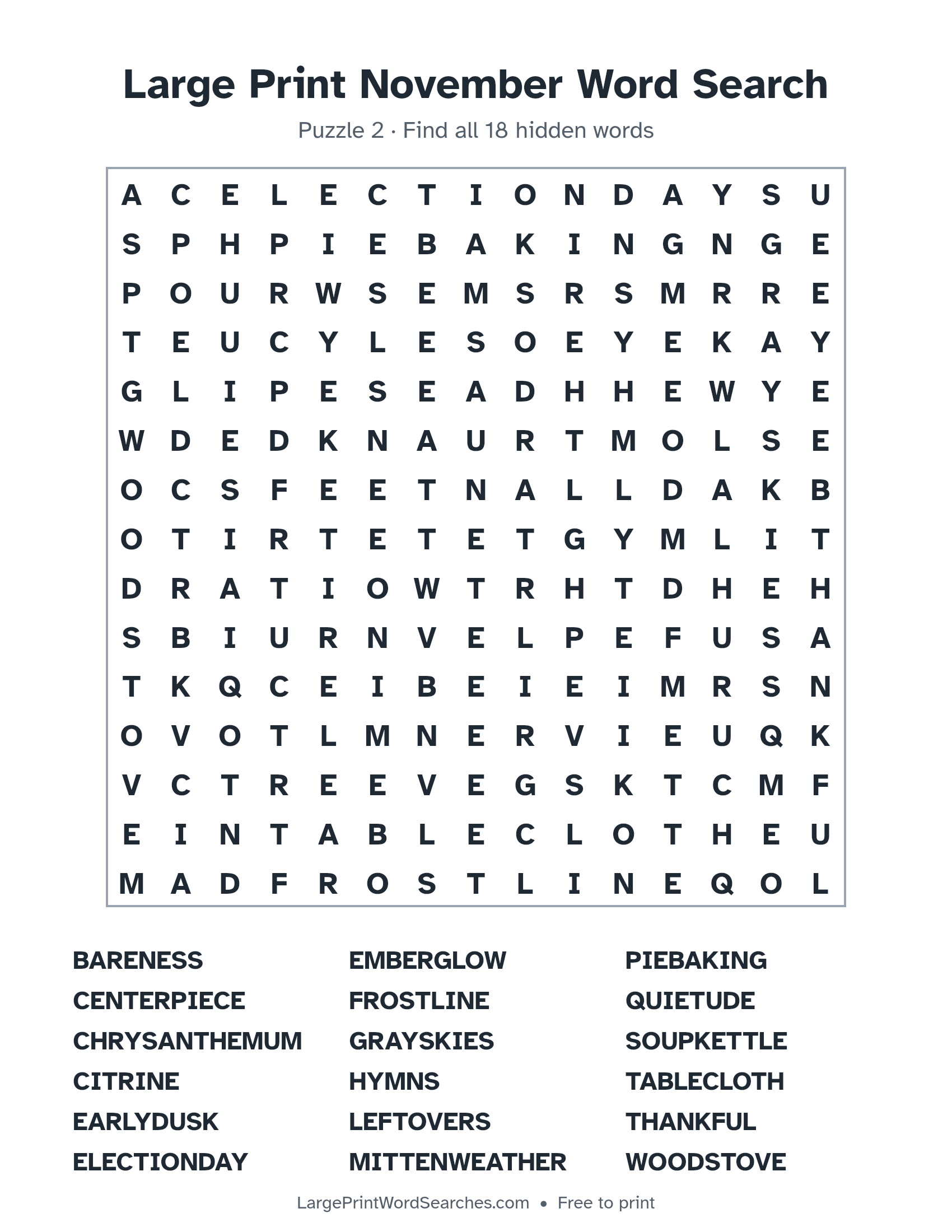 Large Print November Word Search puzzle 2: a 15 by 15 letter grid with 18 hidden words in large print