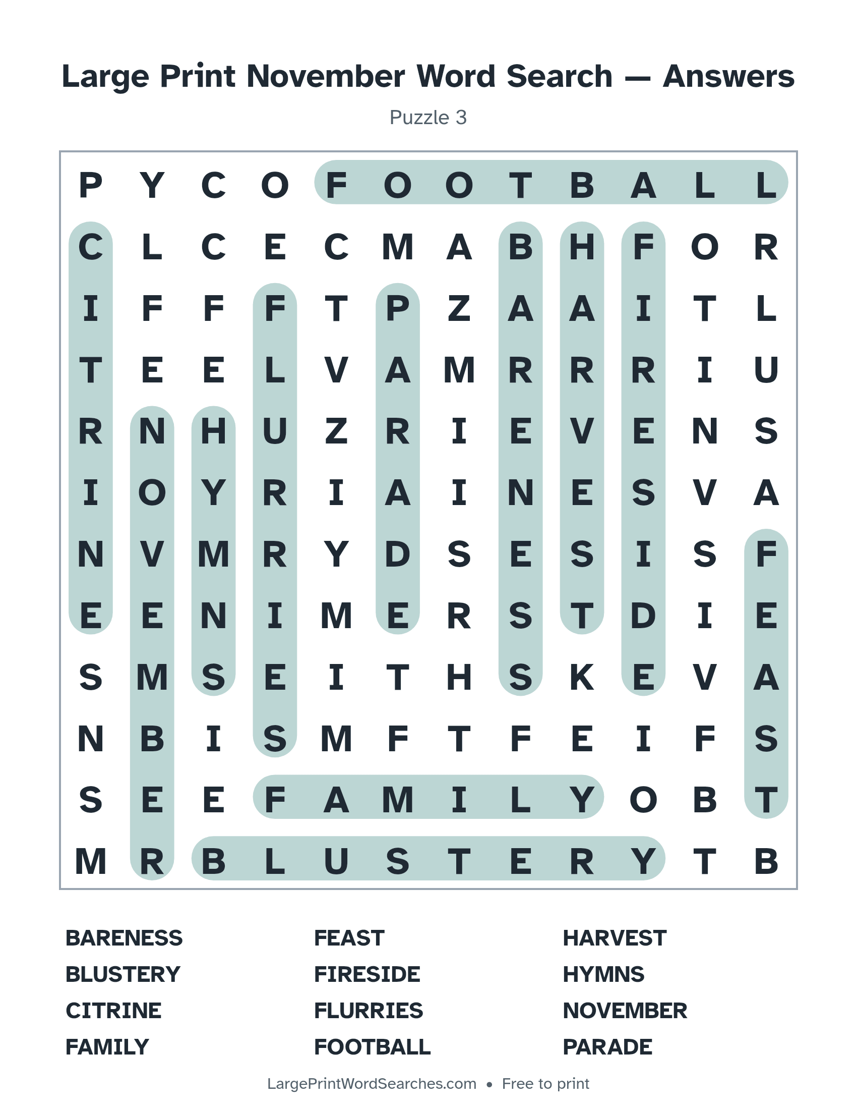 Answer key for large print november word search puzzle 3 with every hidden word highlighted