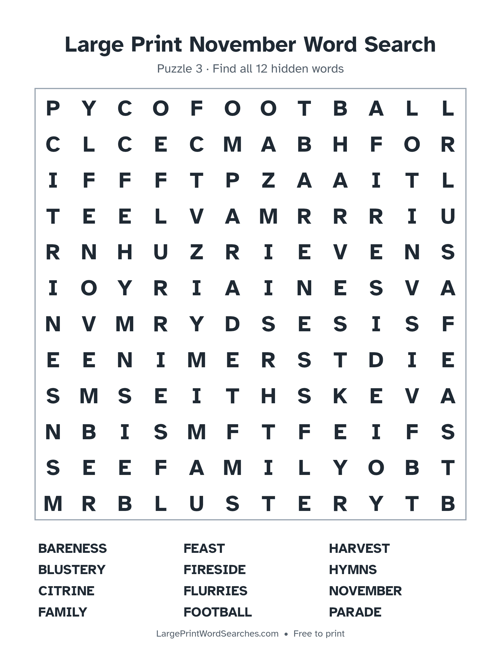 Large Print November Word Search puzzle 3: a 12 by 12 letter grid with 12 hidden words in large print
