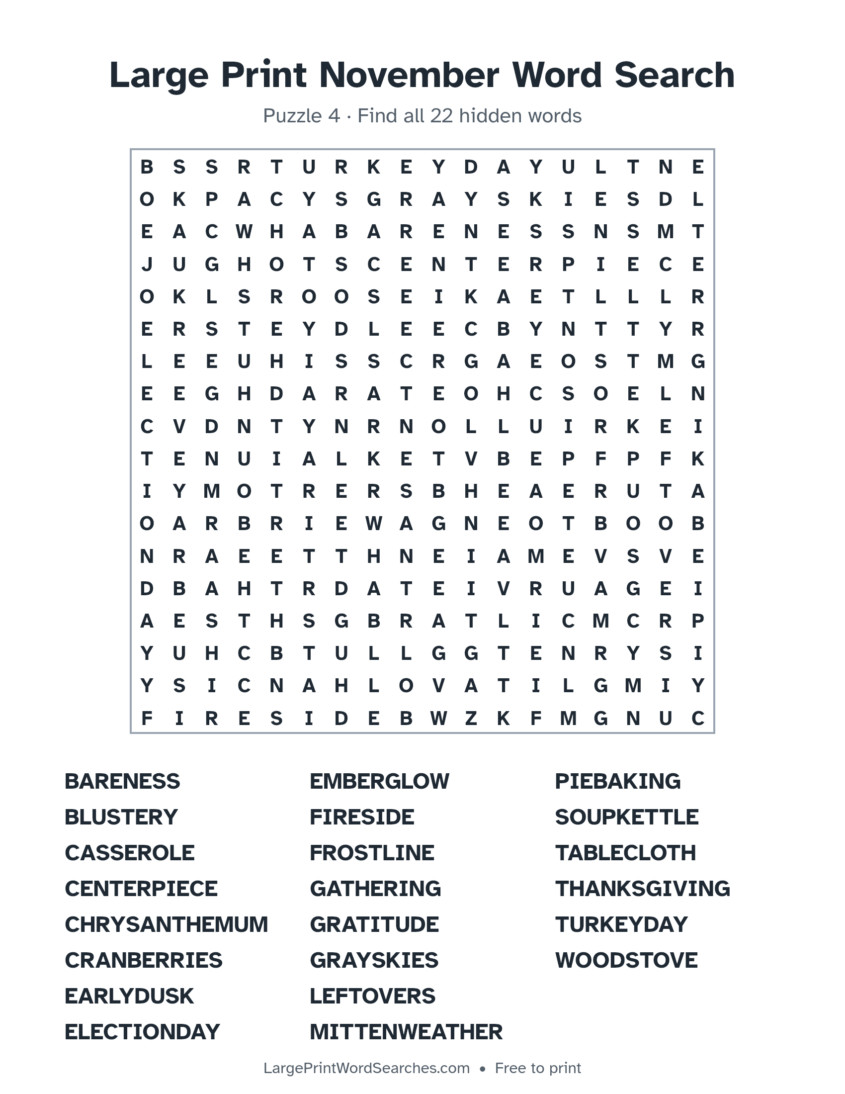 Large Print November Word Search puzzle 4: a 18 by 18 letter grid with 22 hidden words in large print