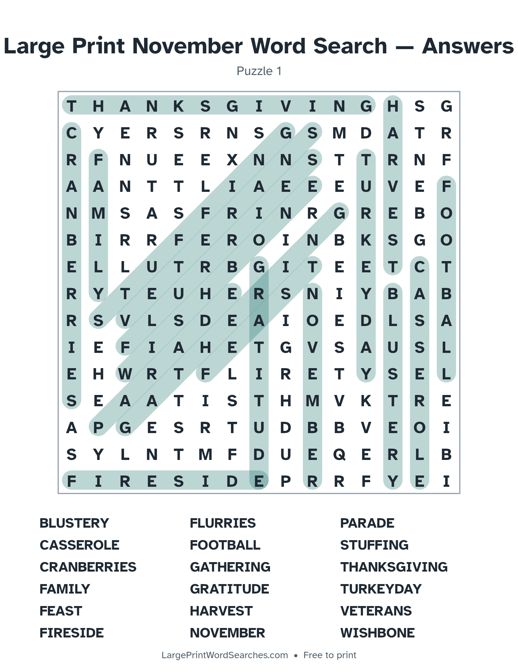 Answer key for large print november word search puzzle 1 with every hidden word highlighted