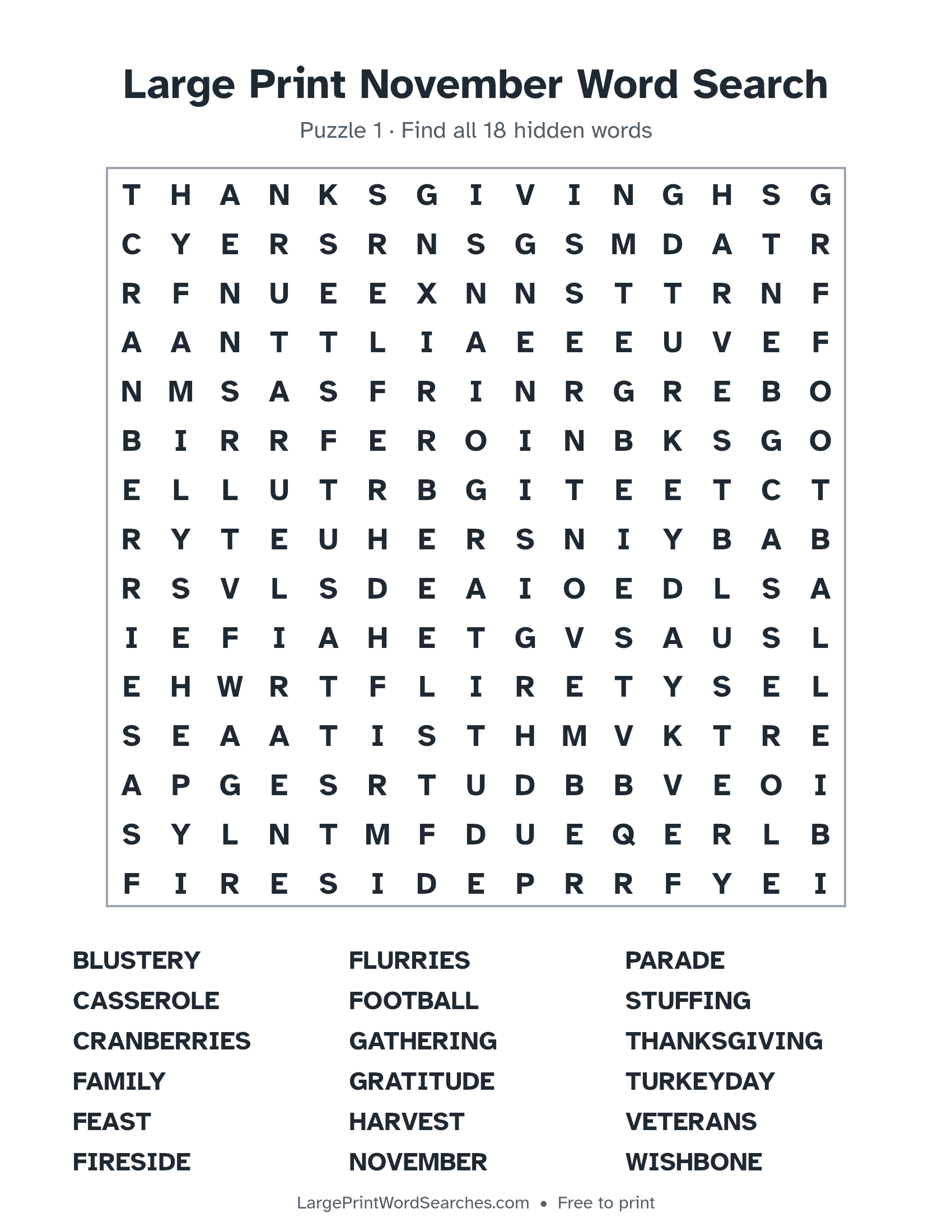 Large Print November Word Search puzzle 1: a 15 by 15 letter grid with 18 hidden words in large print