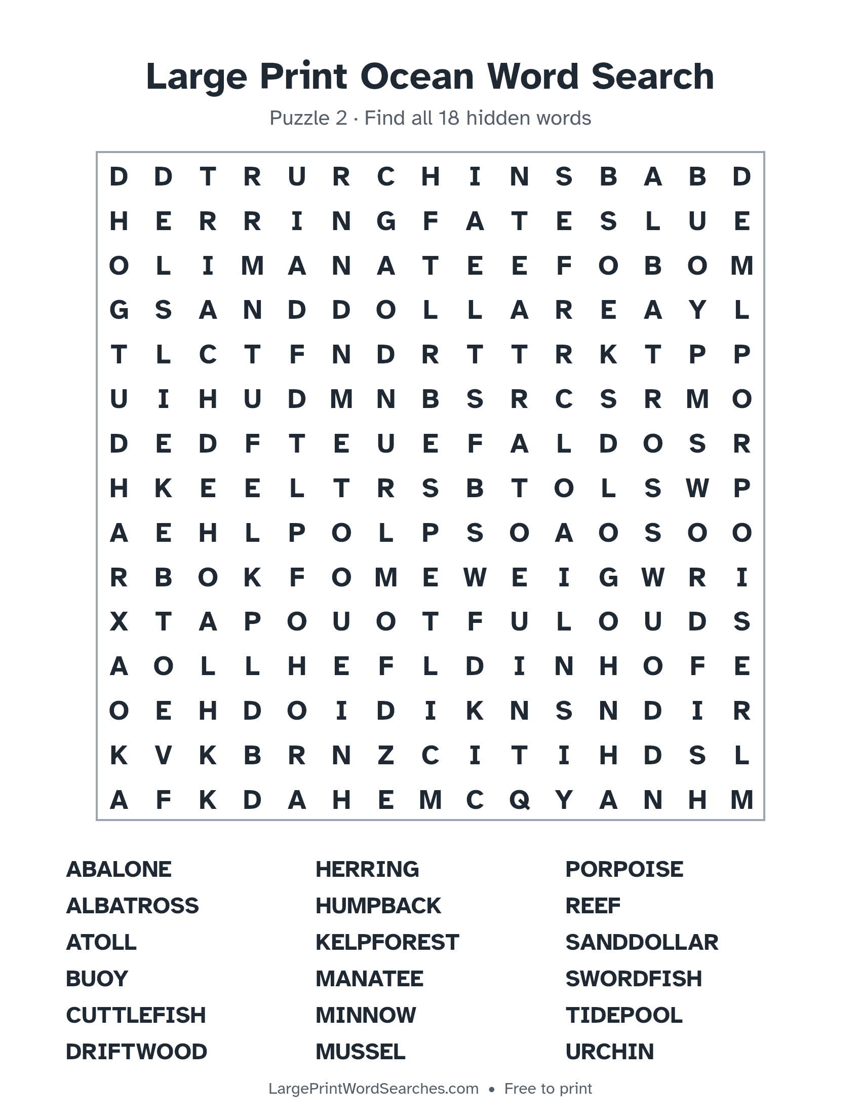 Large Print Ocean Word Search puzzle 2: a 15 by 15 letter grid with 18 hidden words in large print