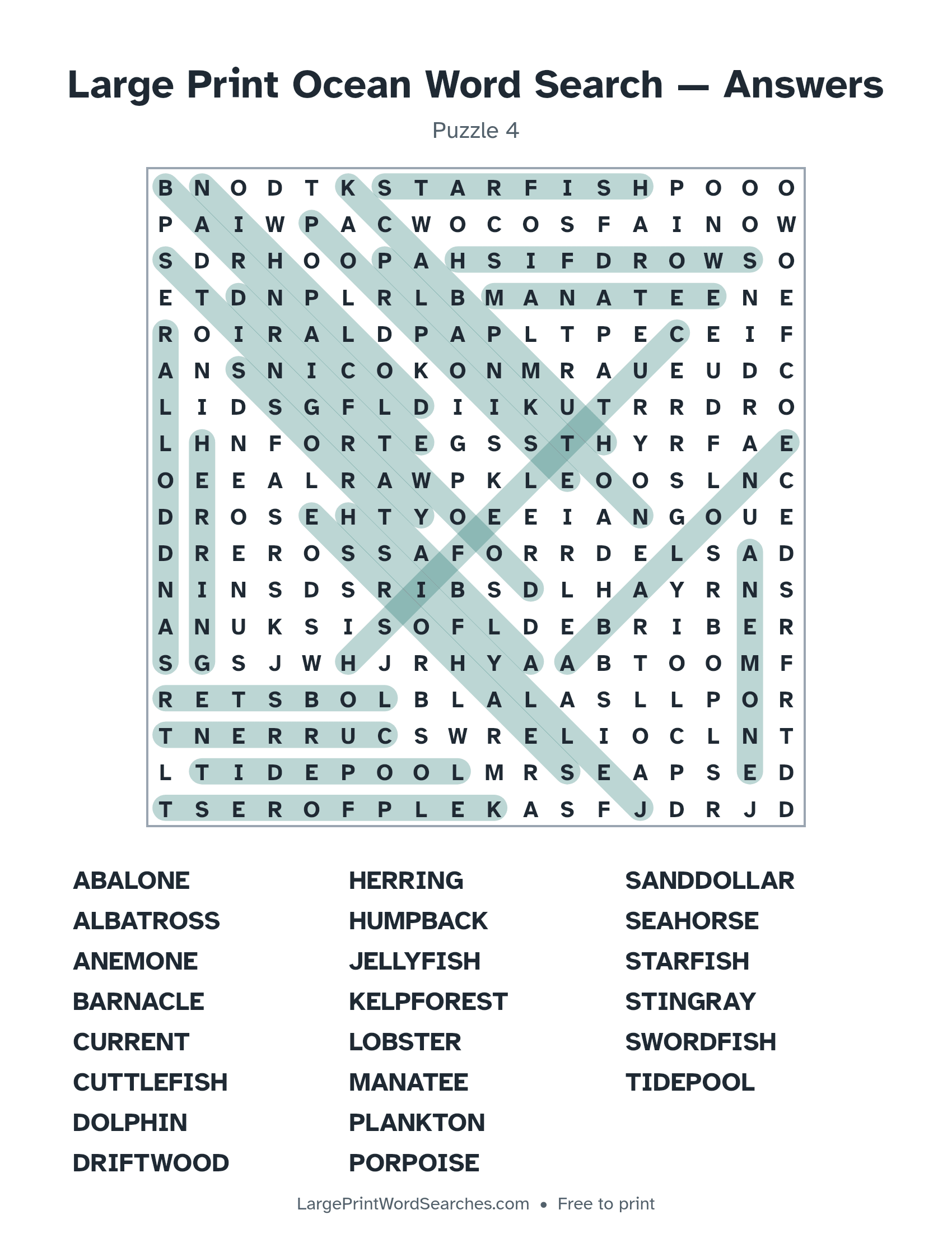Answer key for large print ocean word search puzzle 4 with every hidden word highlighted
