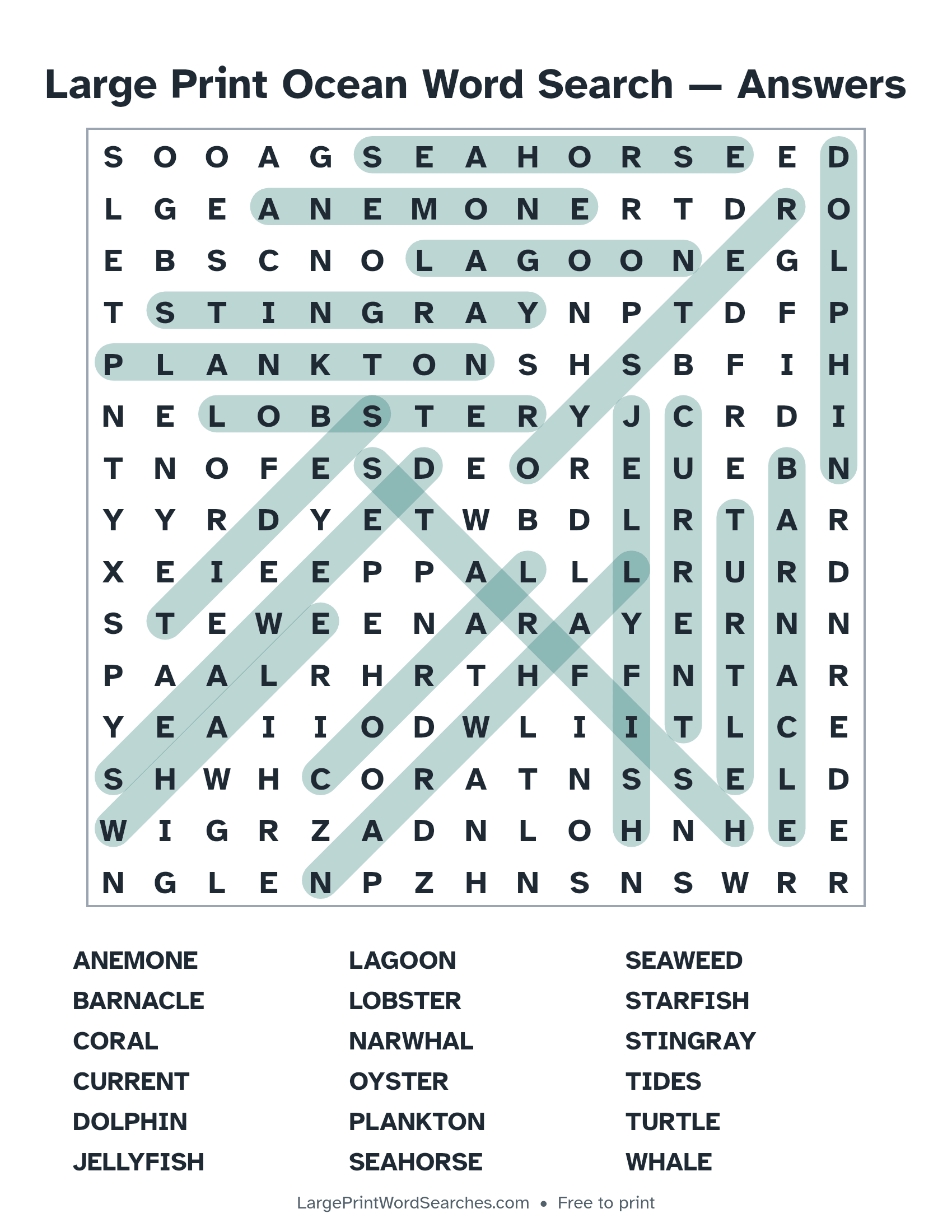 Answer key for large print ocean word search puzzle 1 with every hidden word highlighted